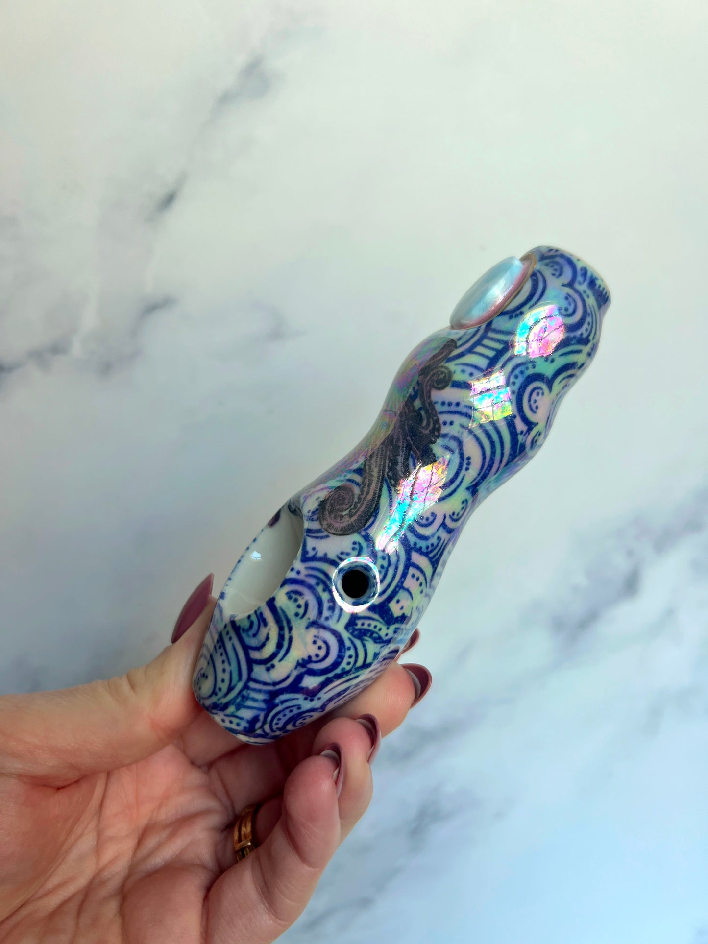 Larimar Pipe with Dreamy Octopus Waves Porcelain Smoking Pipe