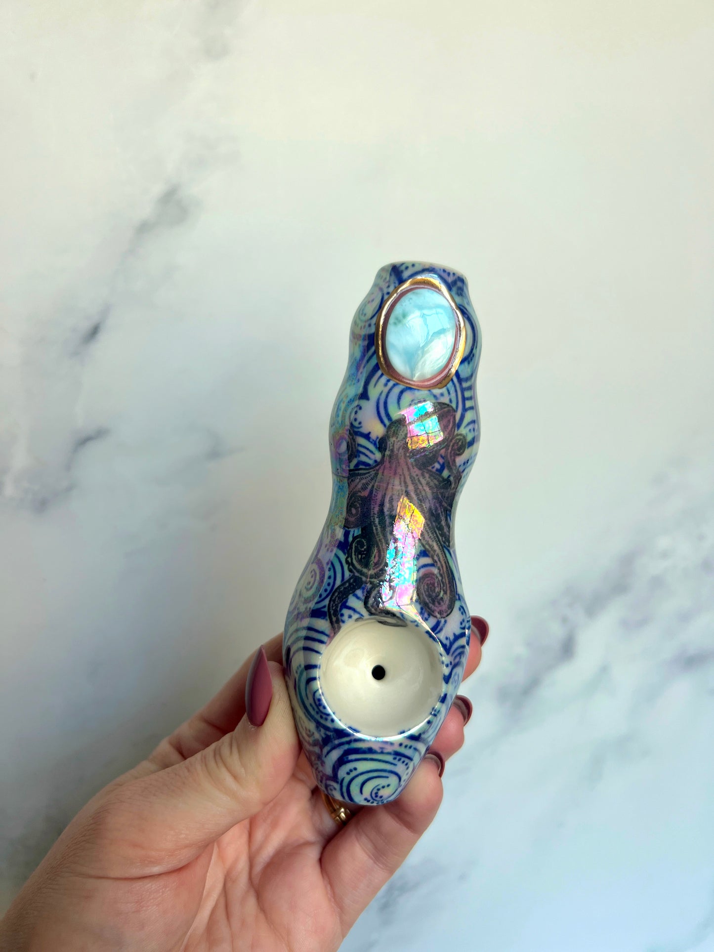 Larimar Pipe with Dreamy Octopus Waves Porcelain Smoking Pipe