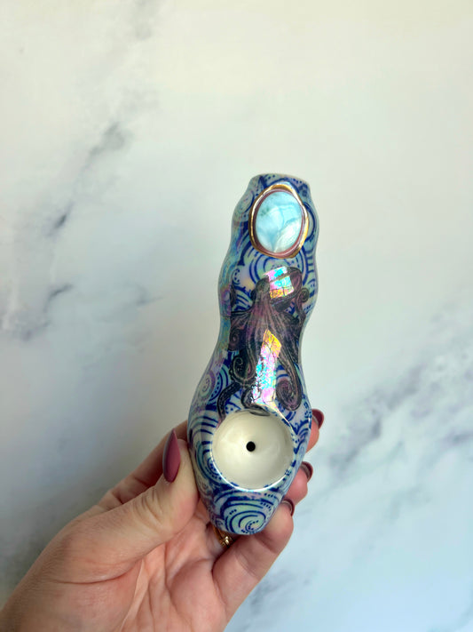 Larimar Pipe with Dreamy Octopus Waves Porcelain Smoking Pipe
