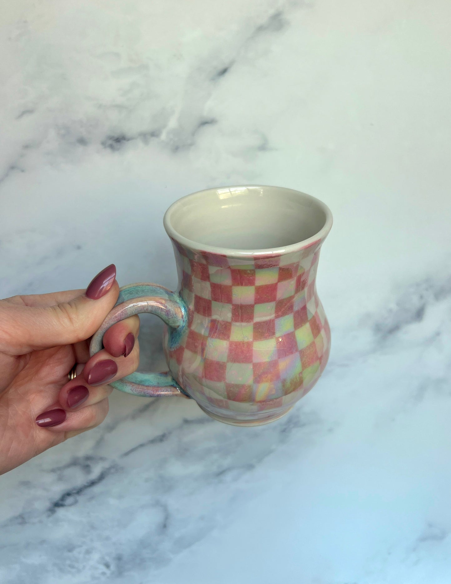 Pink Checkered Mug, Iridescent Porcelain Mug, Pottery Mug