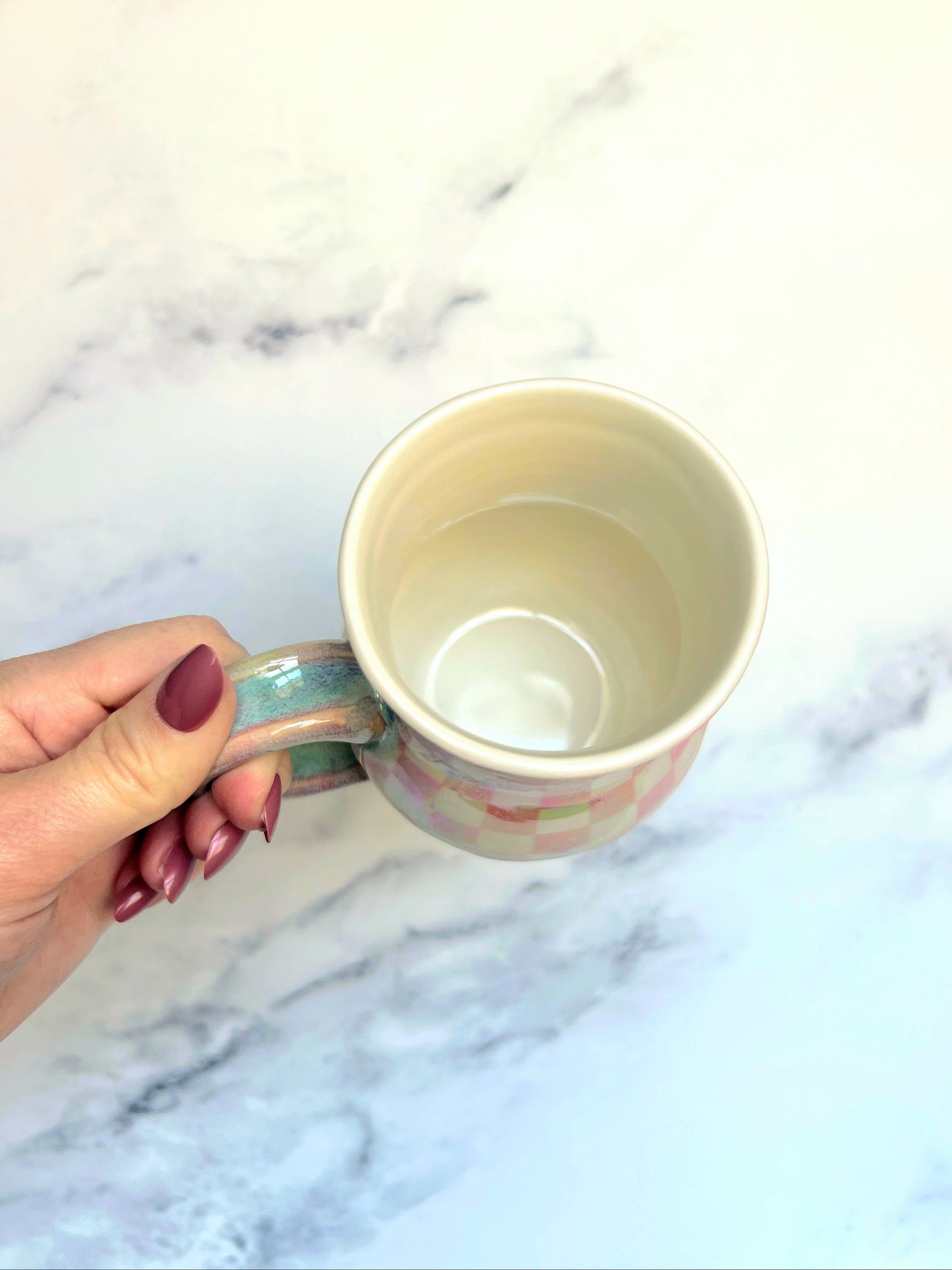 Pink Checkered Mug, Iridescent Porcelain Mug, Pottery Mug