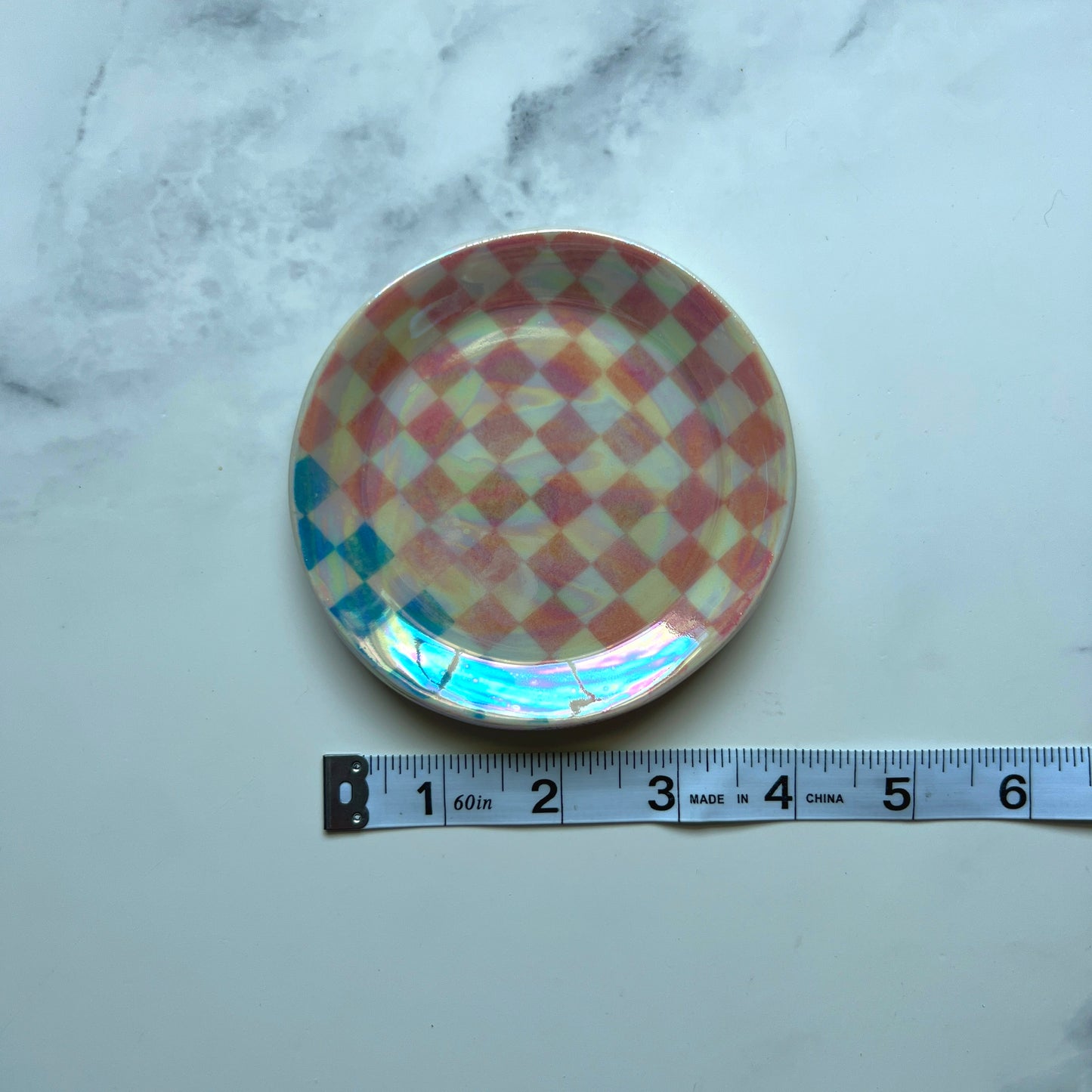 Checkered Dish Blue and Pink Iridescent Altar Ring Jewelry Dish