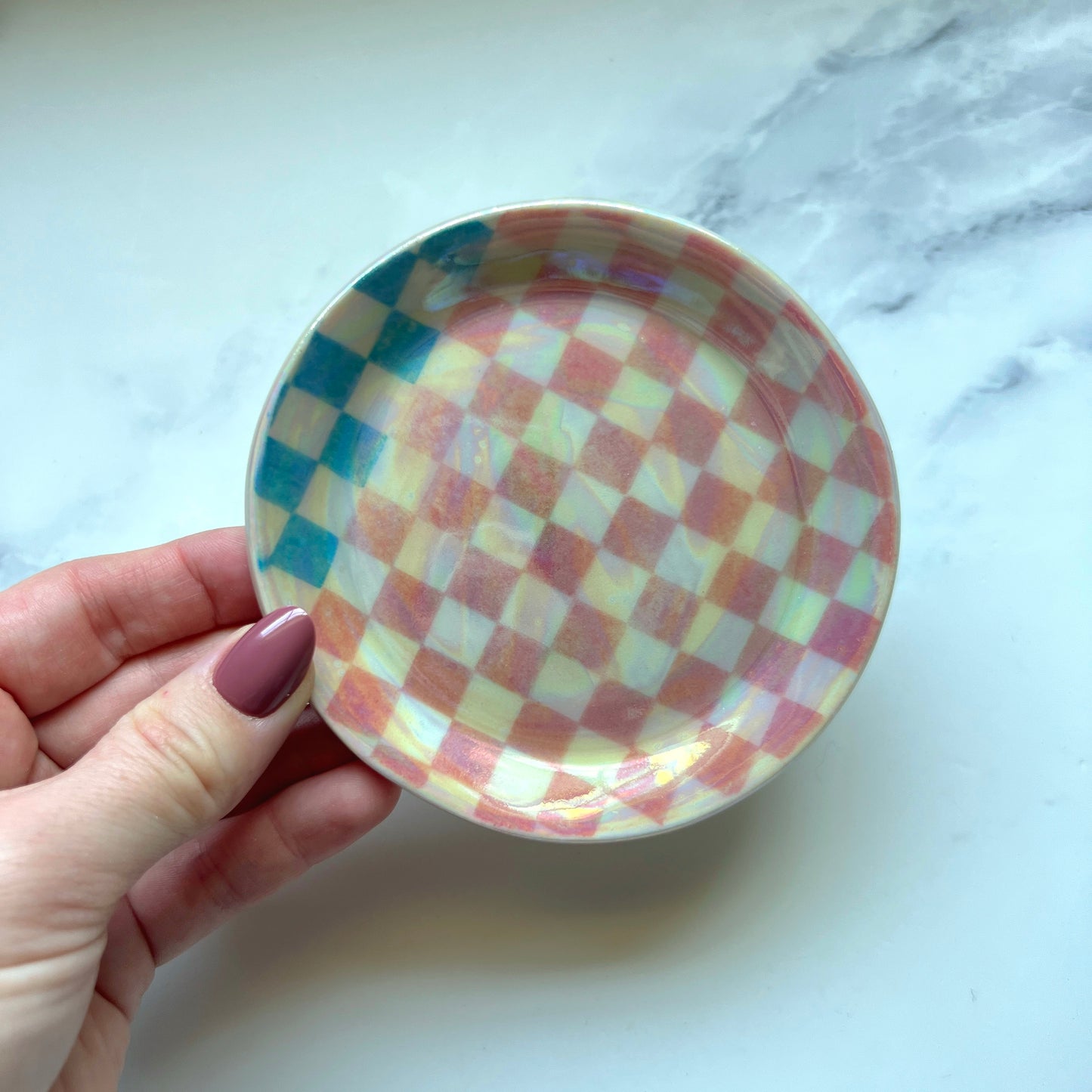 Checkered Dish Blue and Pink Iridescent Altar Ring Jewelry Dish