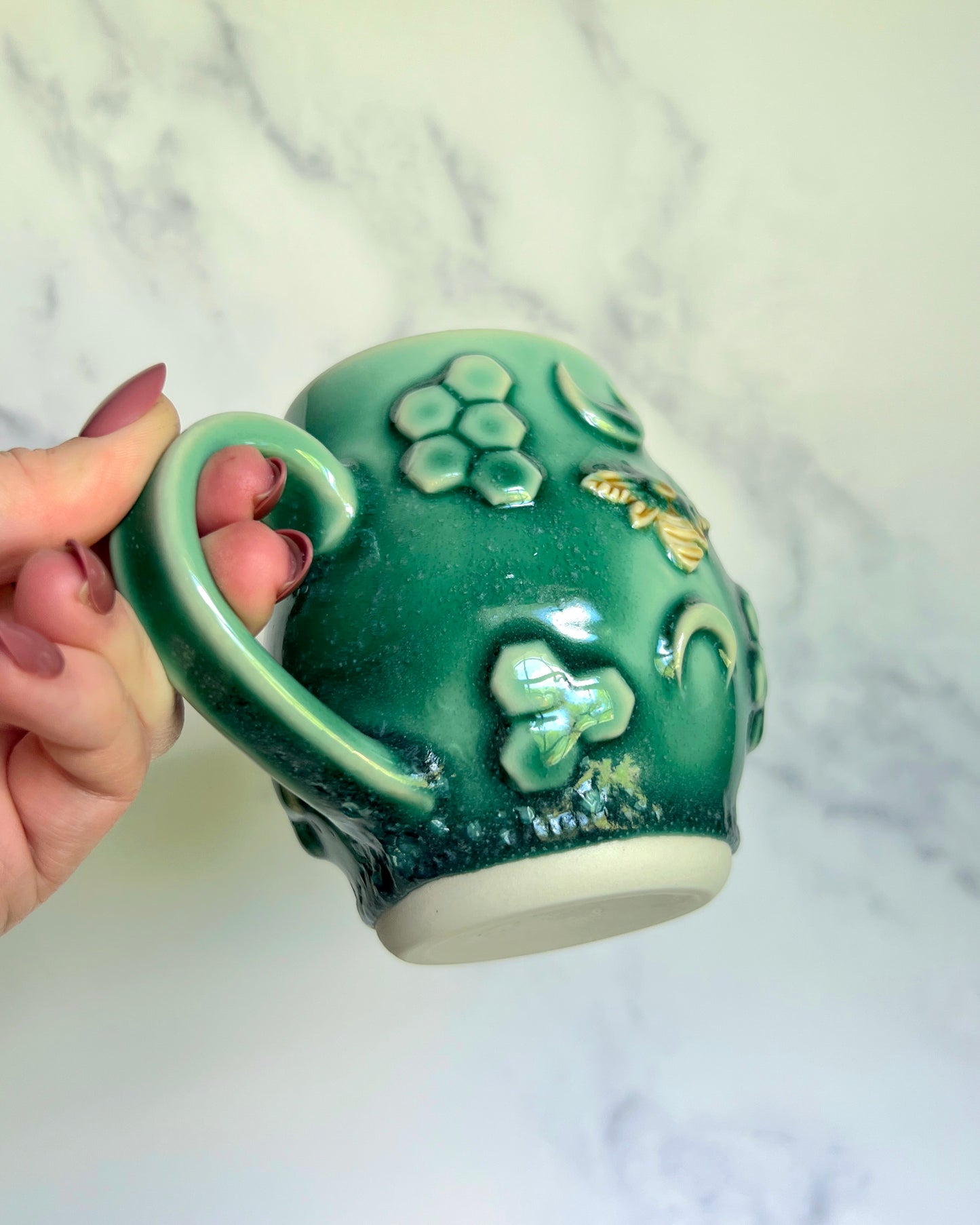 IMPERFECT Honey Bee Mug, Green Honey Comb Pottery Mug