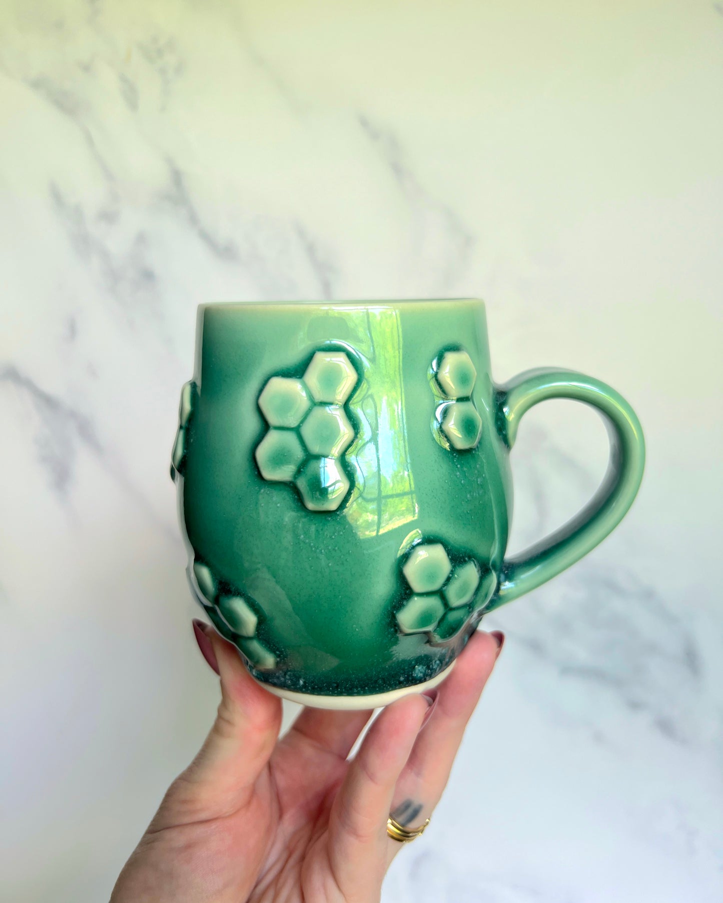 IMPERFECT Honey Bee Mug, Green Honey Comb Pottery Mug