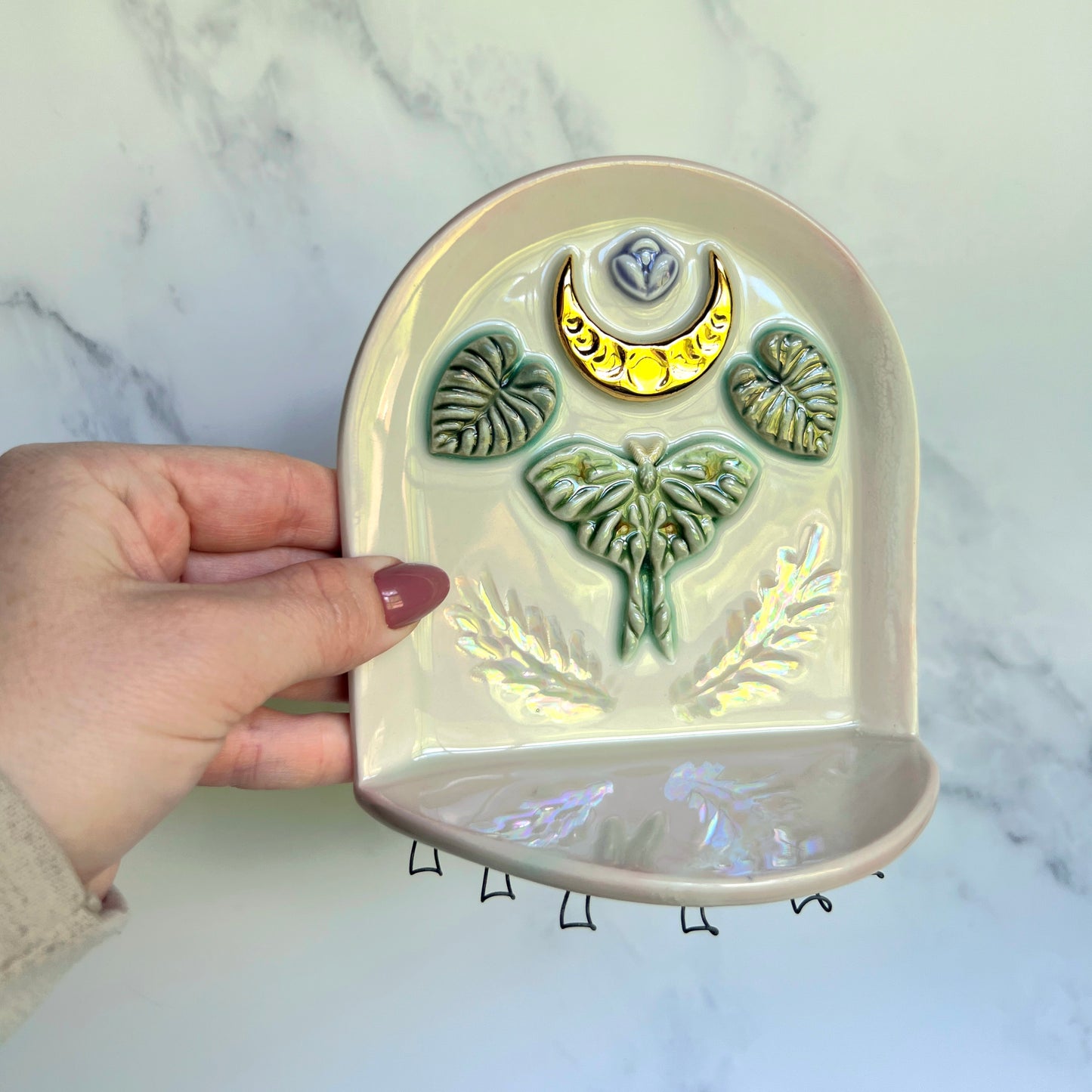 IMPERFECT Luna Moth Wall Hanging Shelf, Ceramic Jewelry Hanger, Alter Arch Shelf