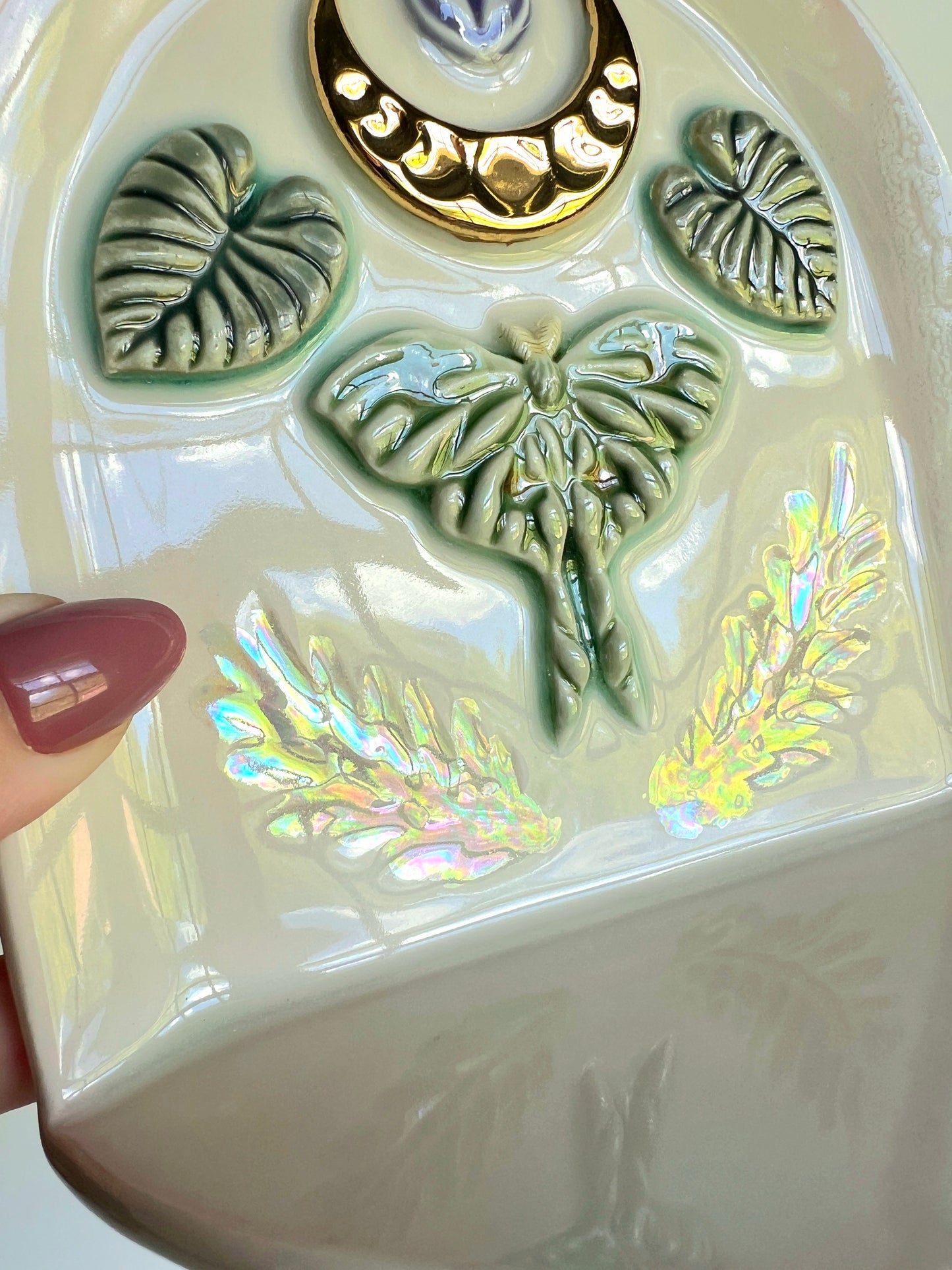 IMPERFECT Luna Moth Wall Hanging Shelf, Ceramic Jewelry Hanger, Alter Arch Shelf