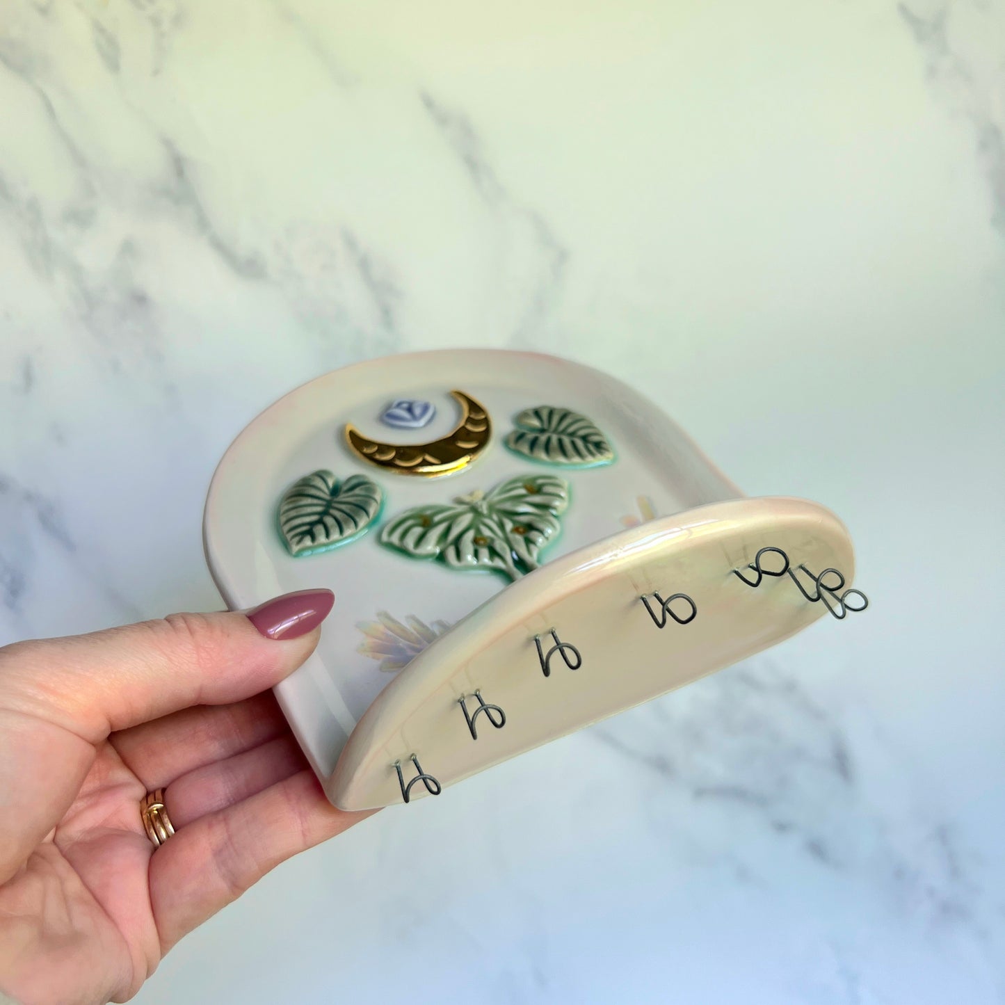 IMPERFECT Luna Moth Wall Hanging Shelf, Ceramic Jewelry Hanger, Alter Arch Shelf