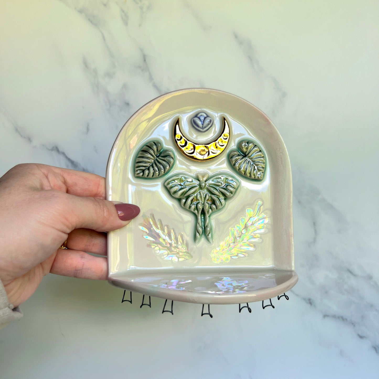 IMPERFECT Luna Moth Wall Hanging Shelf, Ceramic Jewelry Hanger, Alter Arch Shelf
