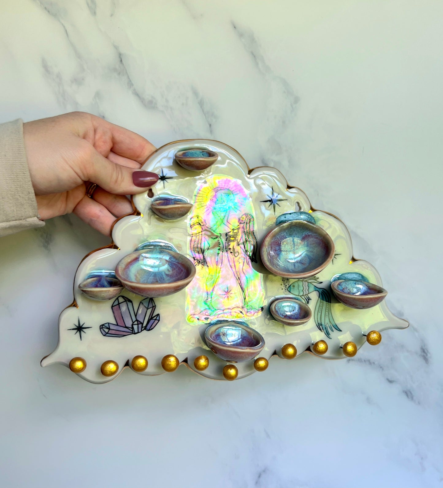 IMPERFECT Cloud Jewelry Wall Hanging Twin Goddess Necklace Display with Ring Dishes