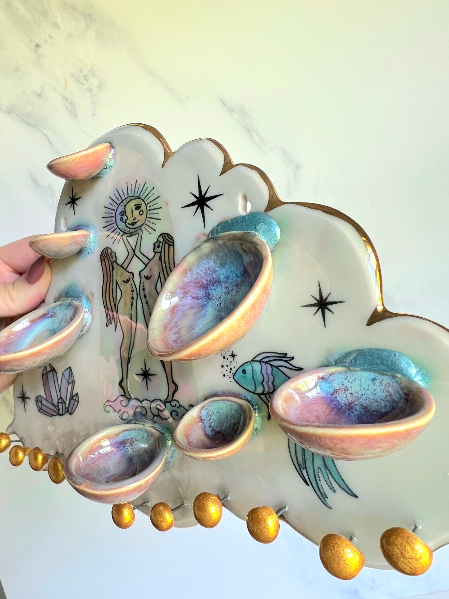 IMPERFECT Cloud Jewelry Wall Hanging Twin Goddess Necklace Display with Ring Dishes