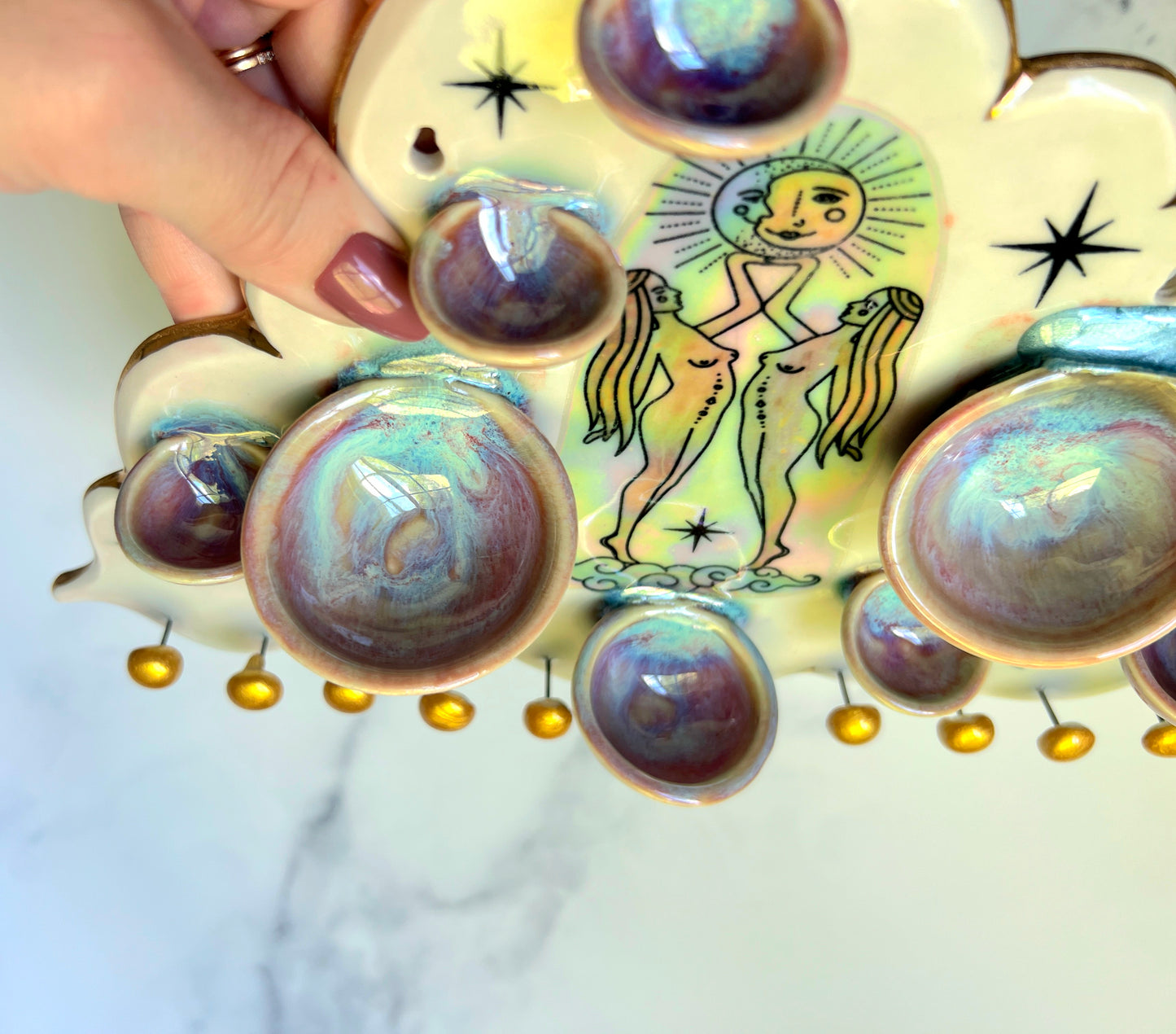 IMPERFECT Cloud Jewelry Wall Hanging Twin Goddess Necklace Display with Ring Dishes