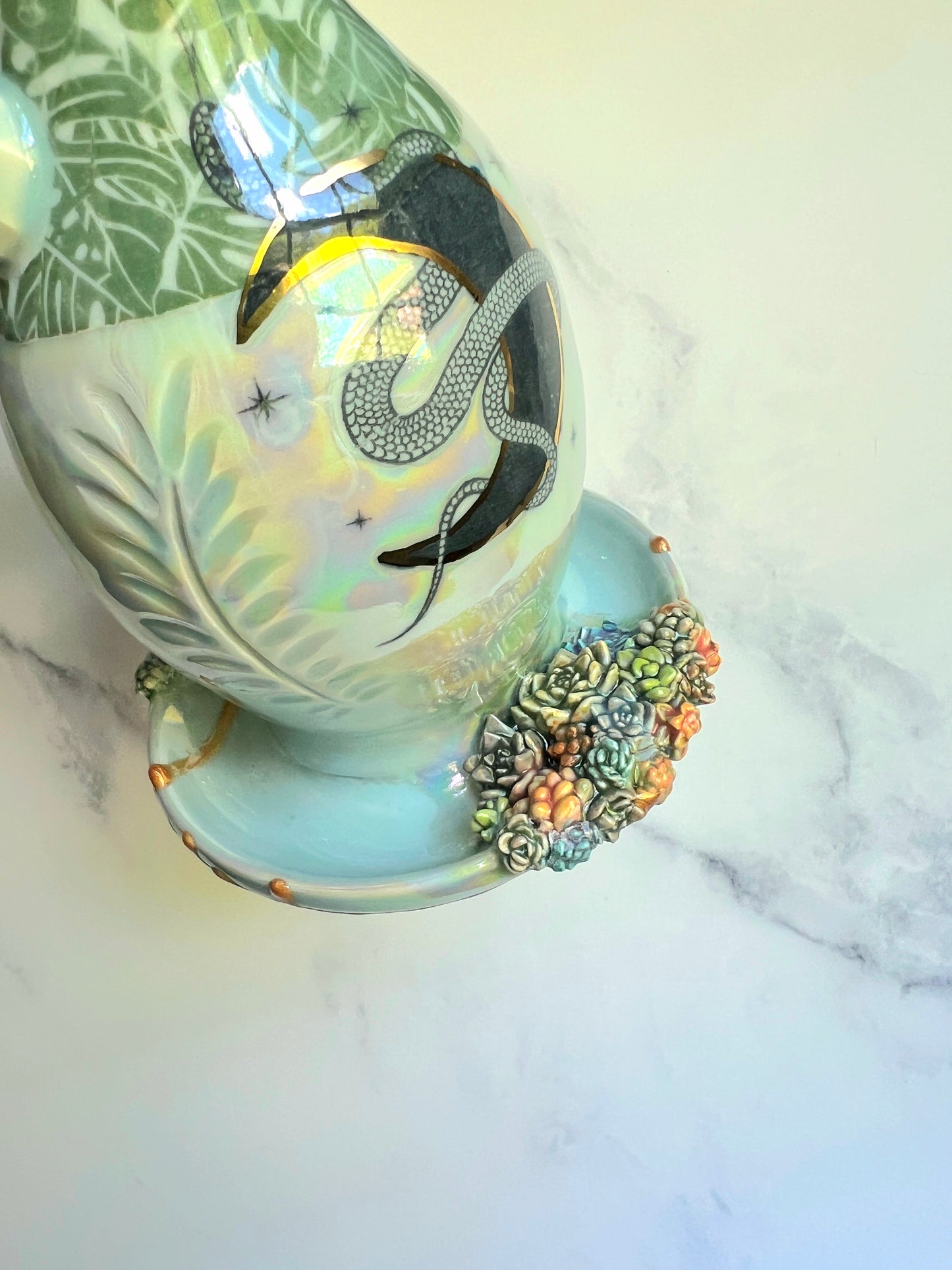 IMPERFECT Crystal Snake Bubbler Pipe, Goddess Garden Porcelain Ceramic Water Pipe
