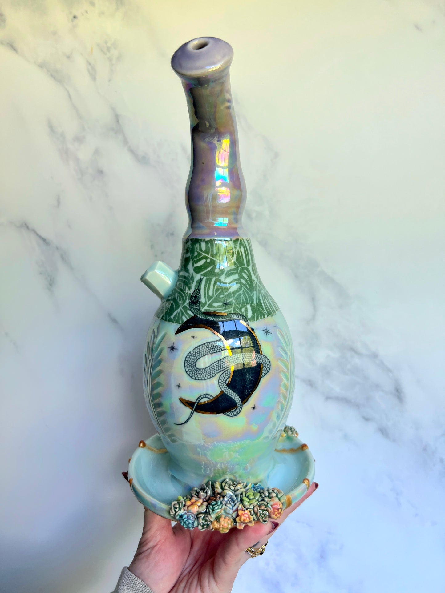 IMPERFECT Crystal Snake Bubbler Pipe, Goddess Garden Porcelain Ceramic Water Pipe