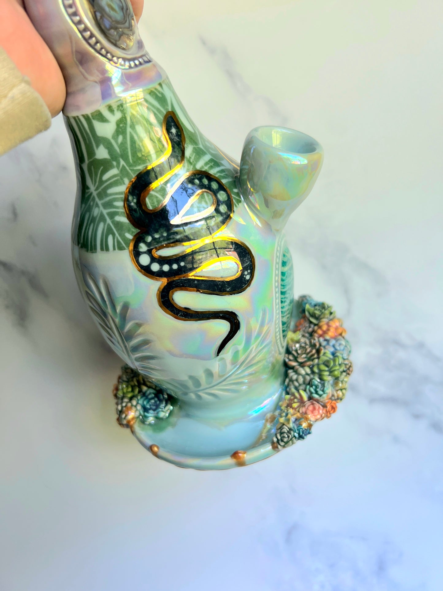 IMPERFECT Crystal Snake Bubbler Pipe, Goddess Garden Porcelain Ceramic Water Pipe