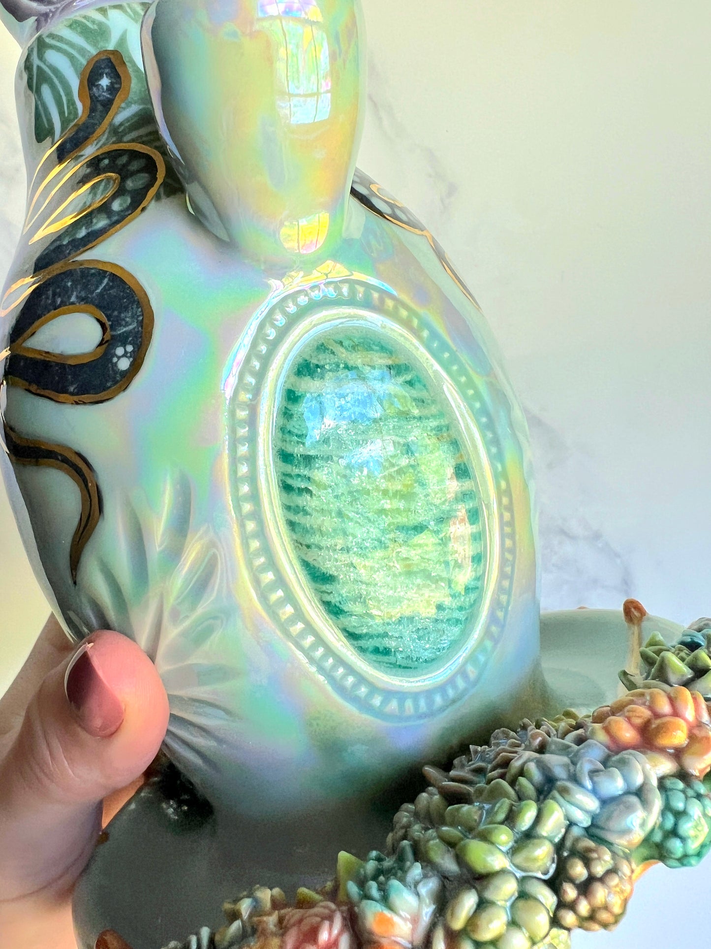 IMPERFECT Crystal Snake Bubbler Pipe, Goddess Garden Porcelain Ceramic Water Pipe