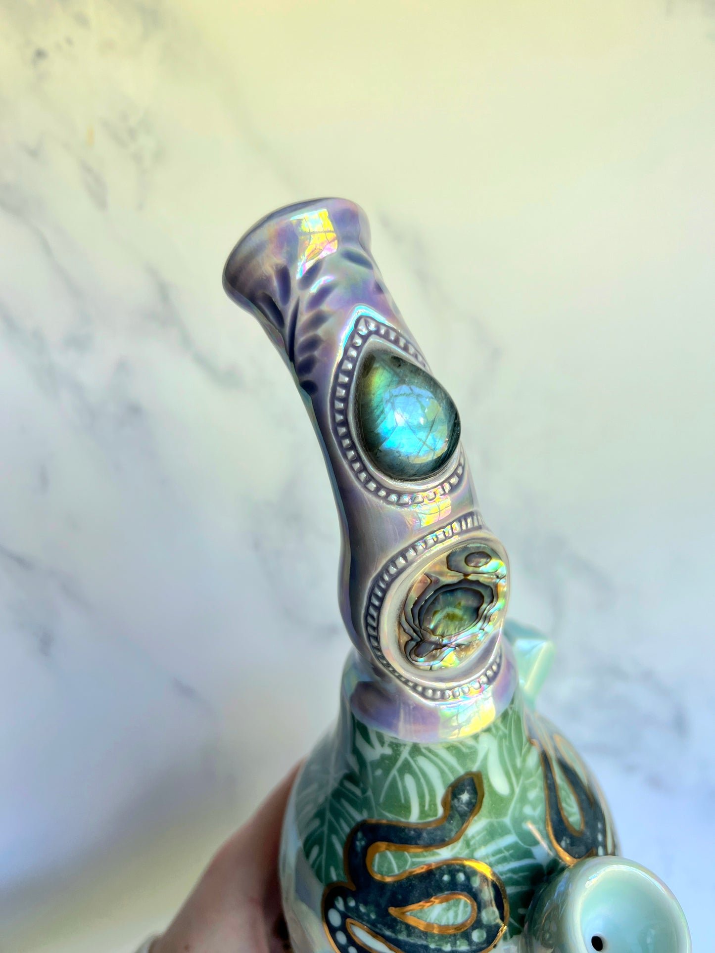 IMPERFECT Crystal Snake Bubbler Pipe, Goddess Garden Porcelain Ceramic Water Pipe