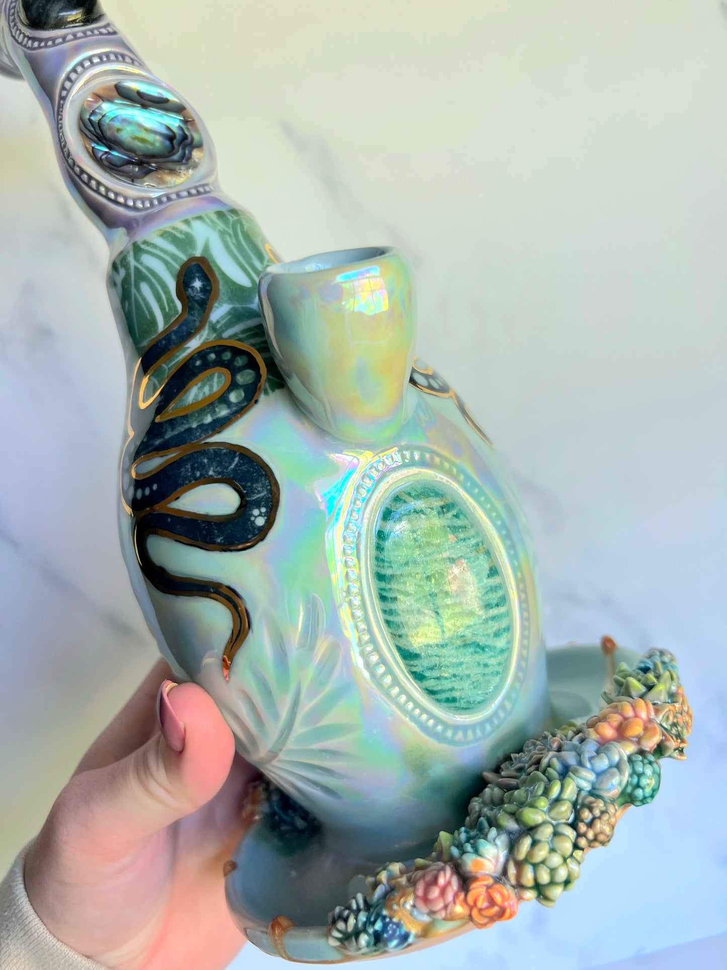 IMPERFECT Crystal Snake Bubbler Pipe, Goddess Garden Porcelain Ceramic Water Pipe