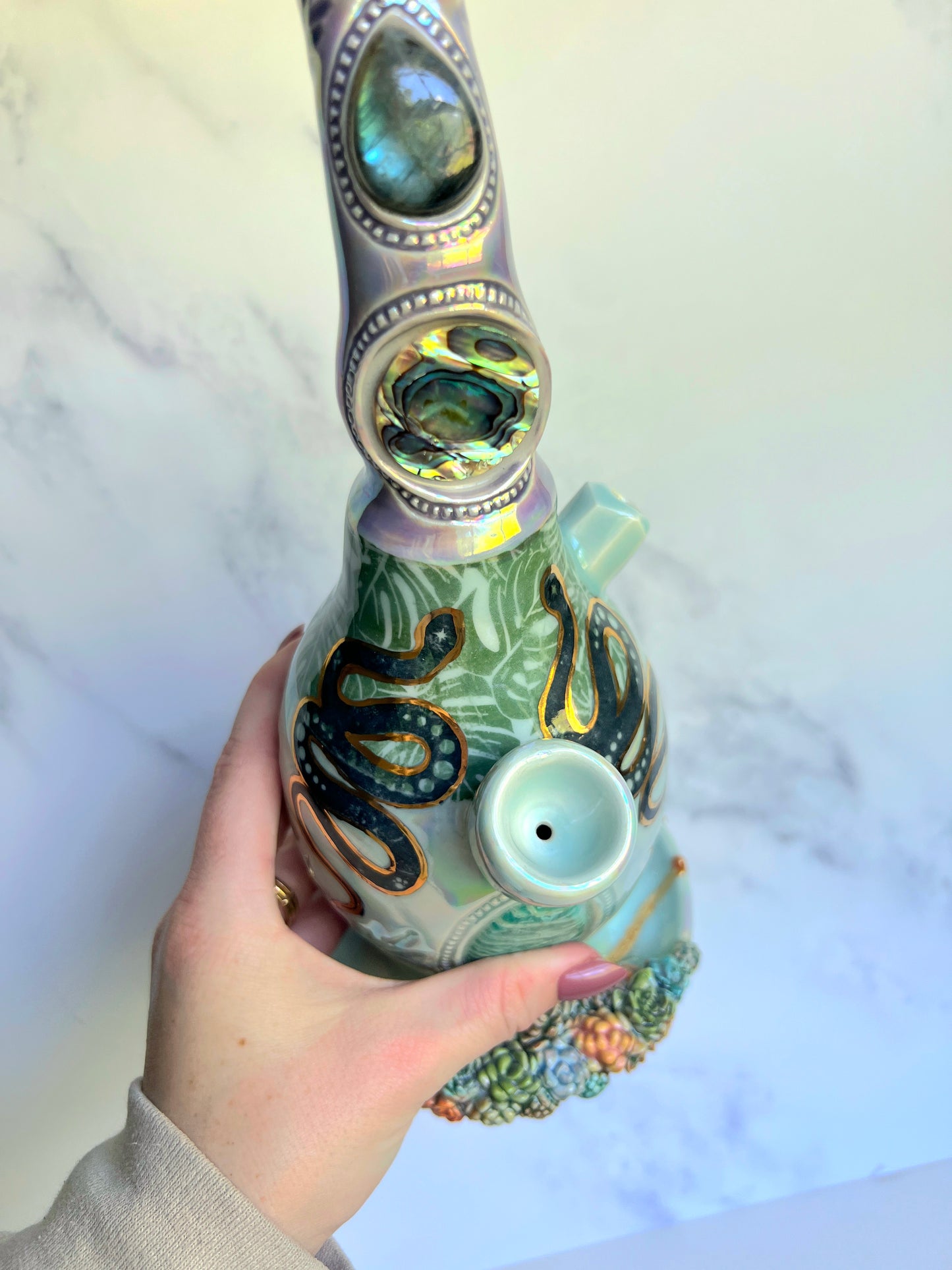 IMPERFECT Crystal Snake Bubbler Pipe, Goddess Garden Porcelain Ceramic Water Pipe