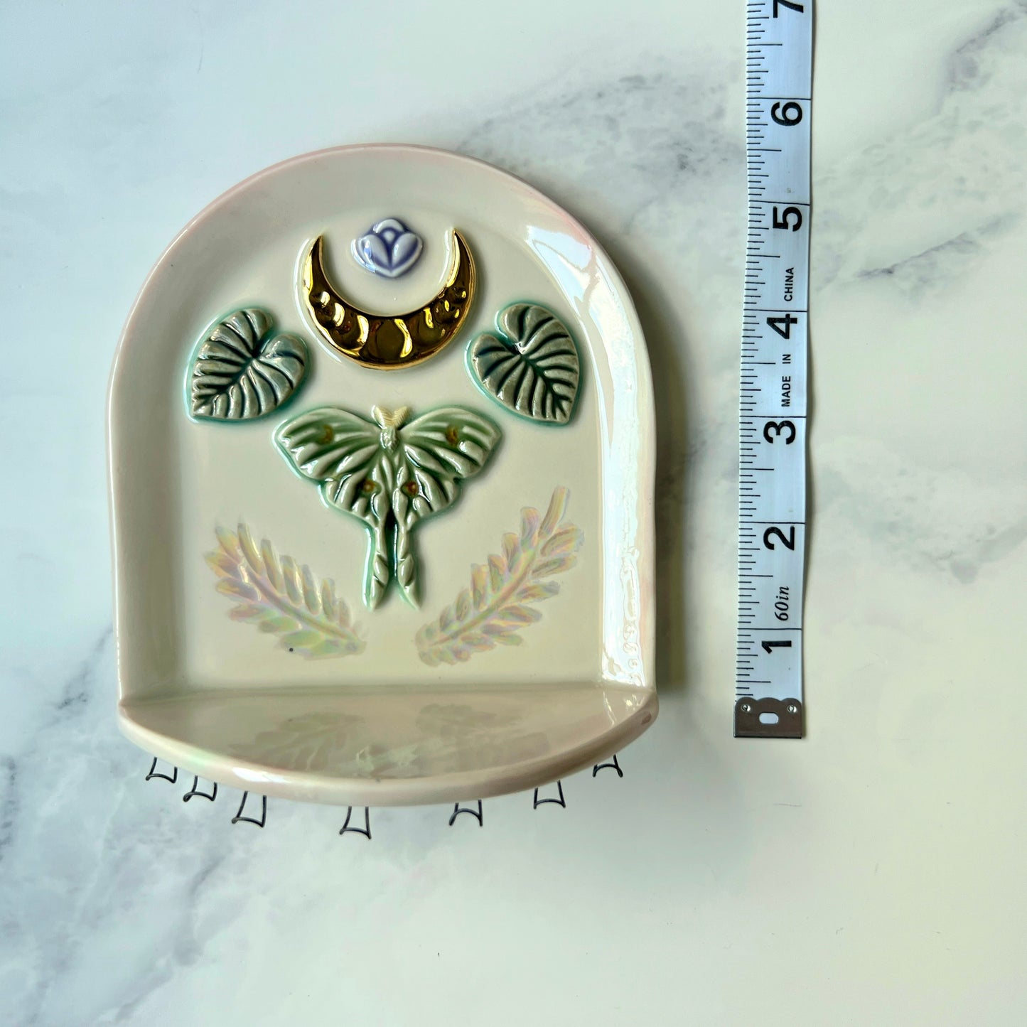 IMPERFECT Luna Moth Wall Hanging Shelf, Ceramic Jewelry Hanger, Alter Arch Shelf