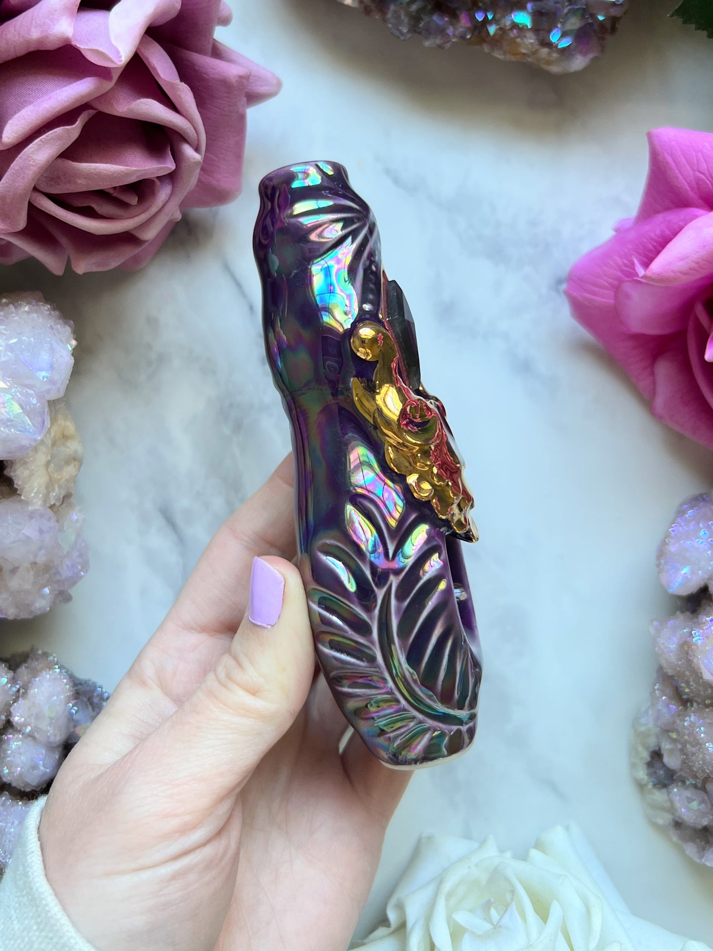Faceted Labradorite Pipe with Gold Filigree Porcelain Smoking Pipe Clay Pipe