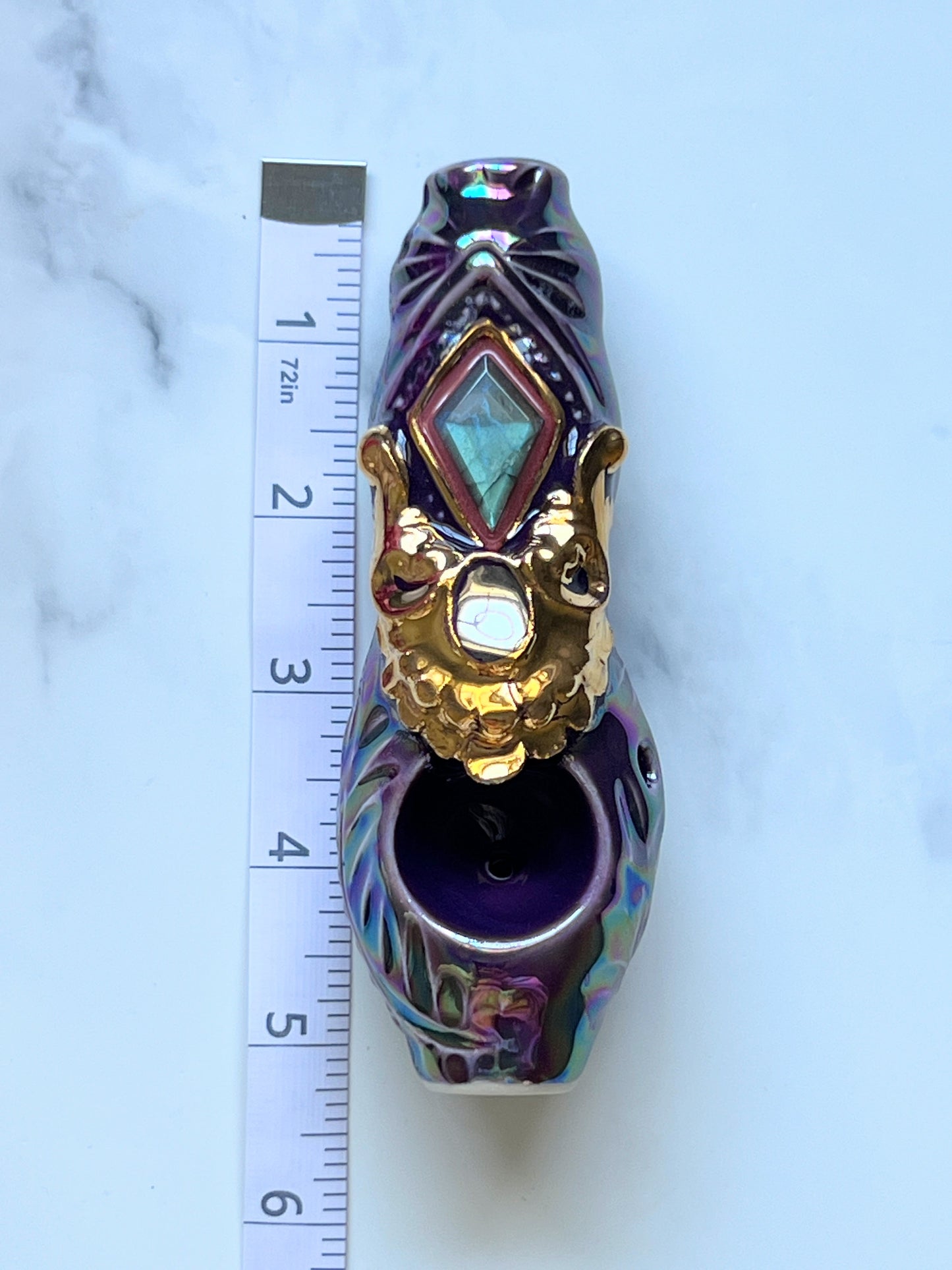 Faceted Labradorite Pipe with Gold Filigree Porcelain Smoking Pipe Clay Pipe