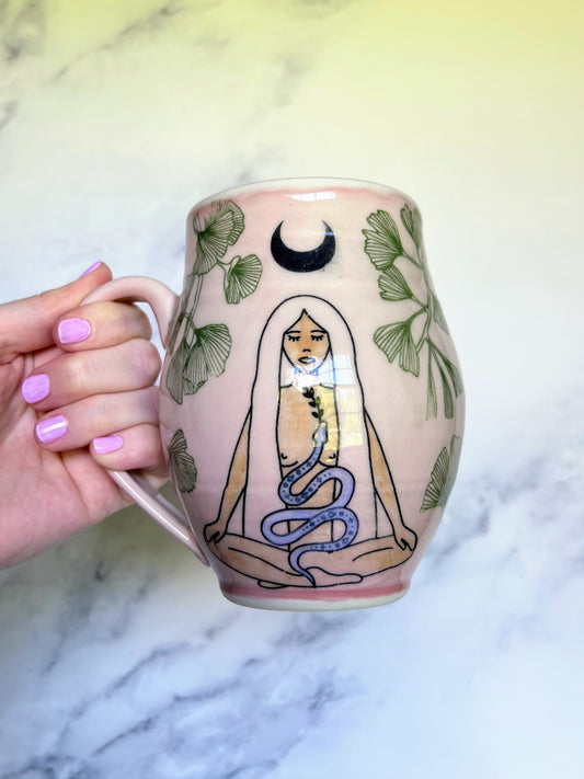 Snake Goddess Mug, Mystical Ginkgo Leaf Porcelain Mug, Pottery Mug, Hand made