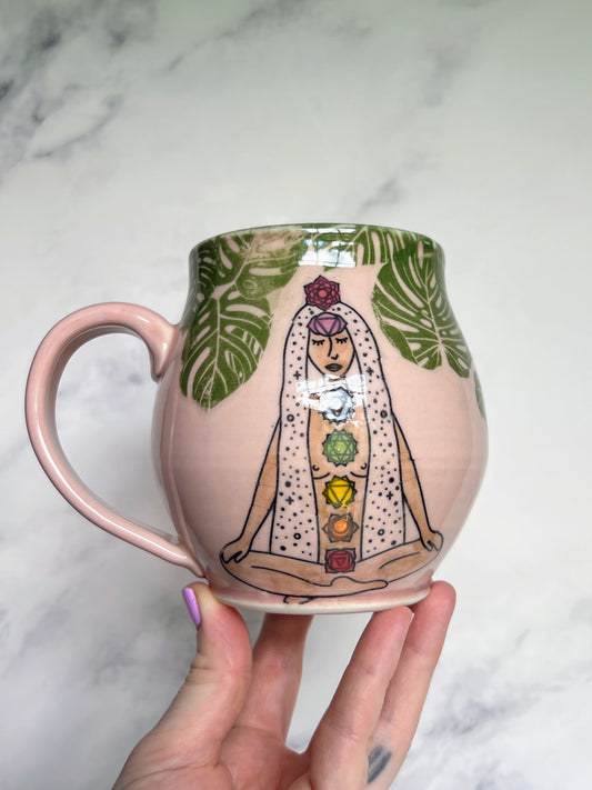 Chakra Goddess Mug, Mystical Monstera Leaf Porcelain Mug, Pottery Mug, Hand made
