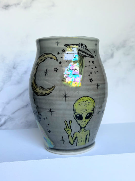 UFO Abduction Porcelain Vase, Alien Pottery Flower Vase