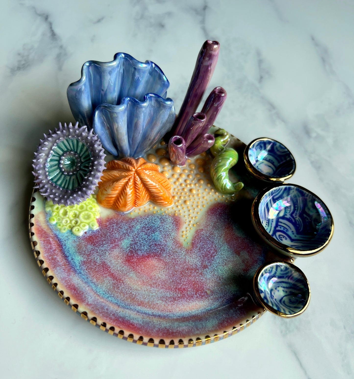 Coral Reef Dish with Mini Bowls Iridescent Altar Ring Jewelry Dish