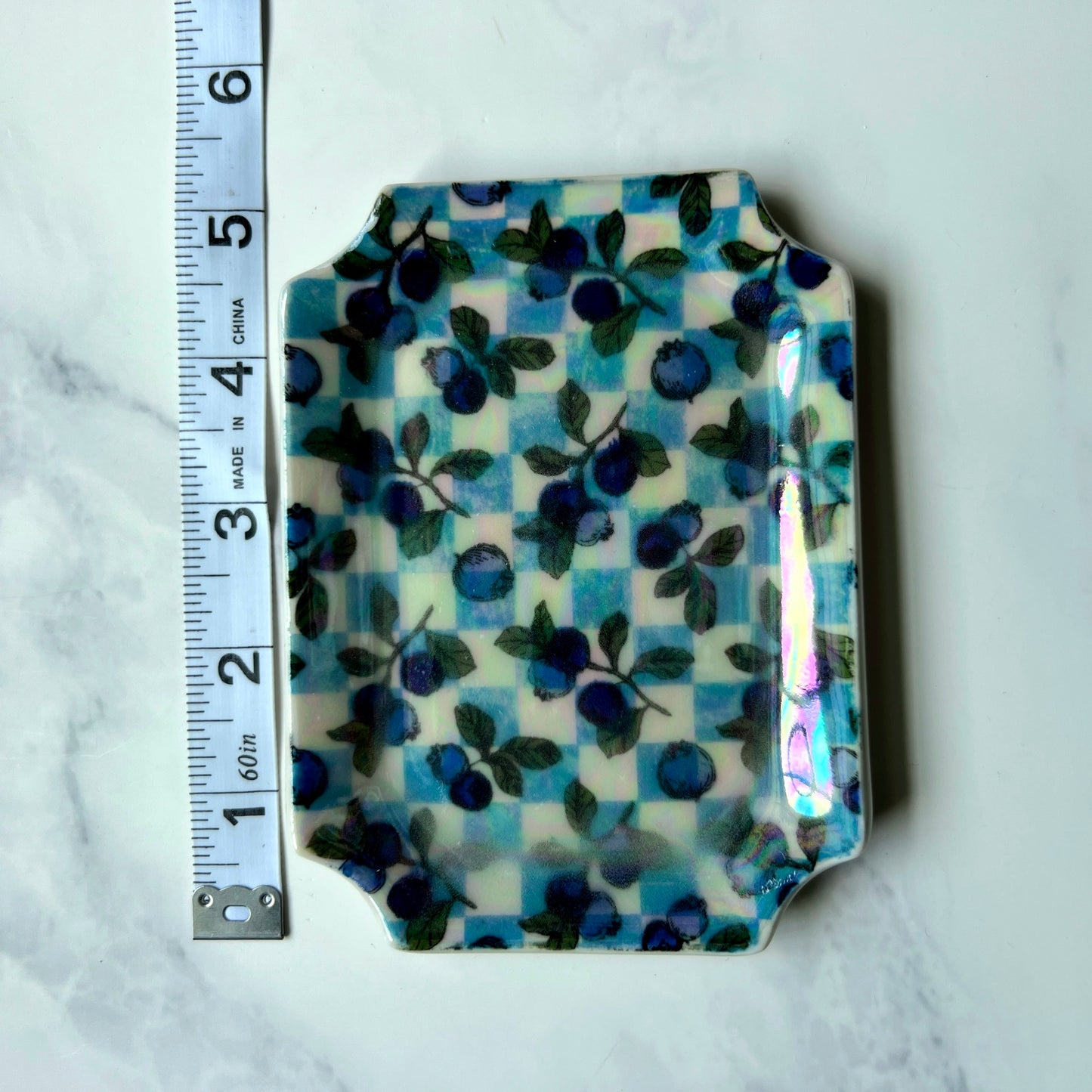 Blueberry Checkered Dish Iridescent Altar Ring Jewelry Tray
