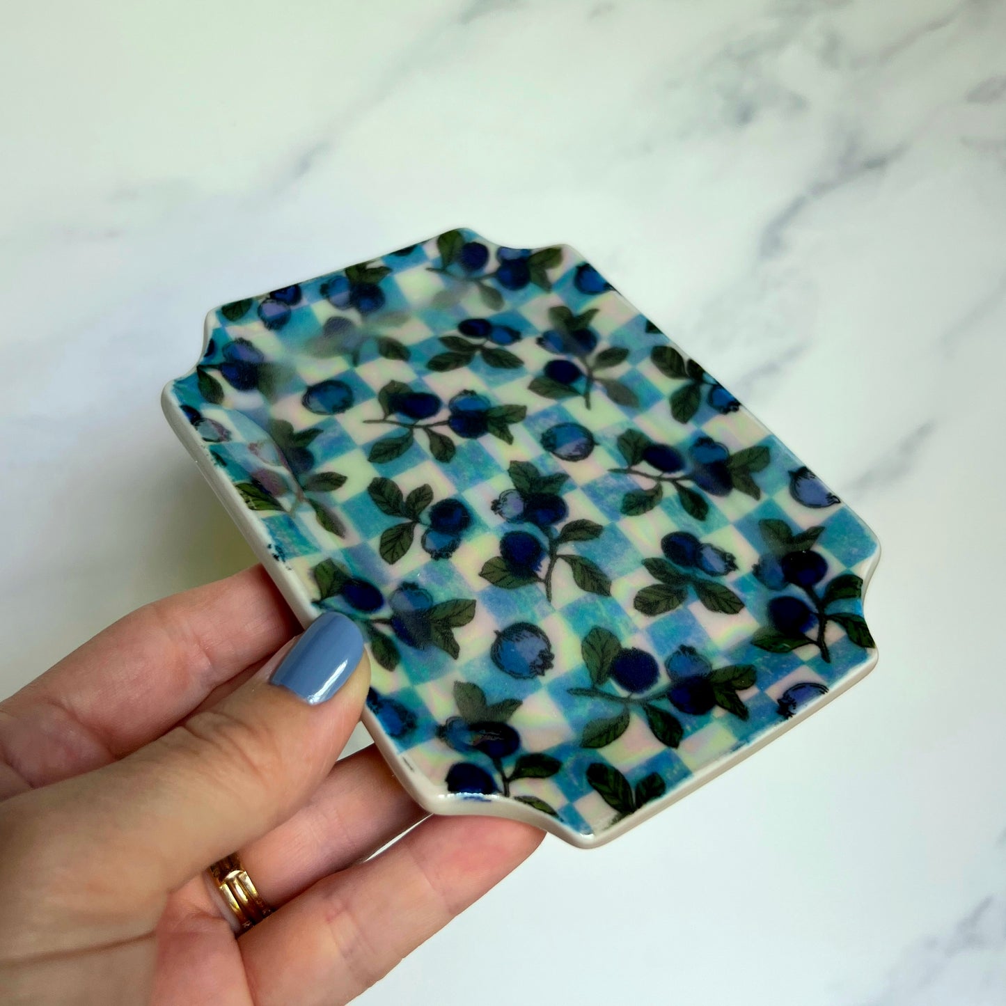Blueberry Checkered Dish Iridescent Altar Ring Jewelry Tray