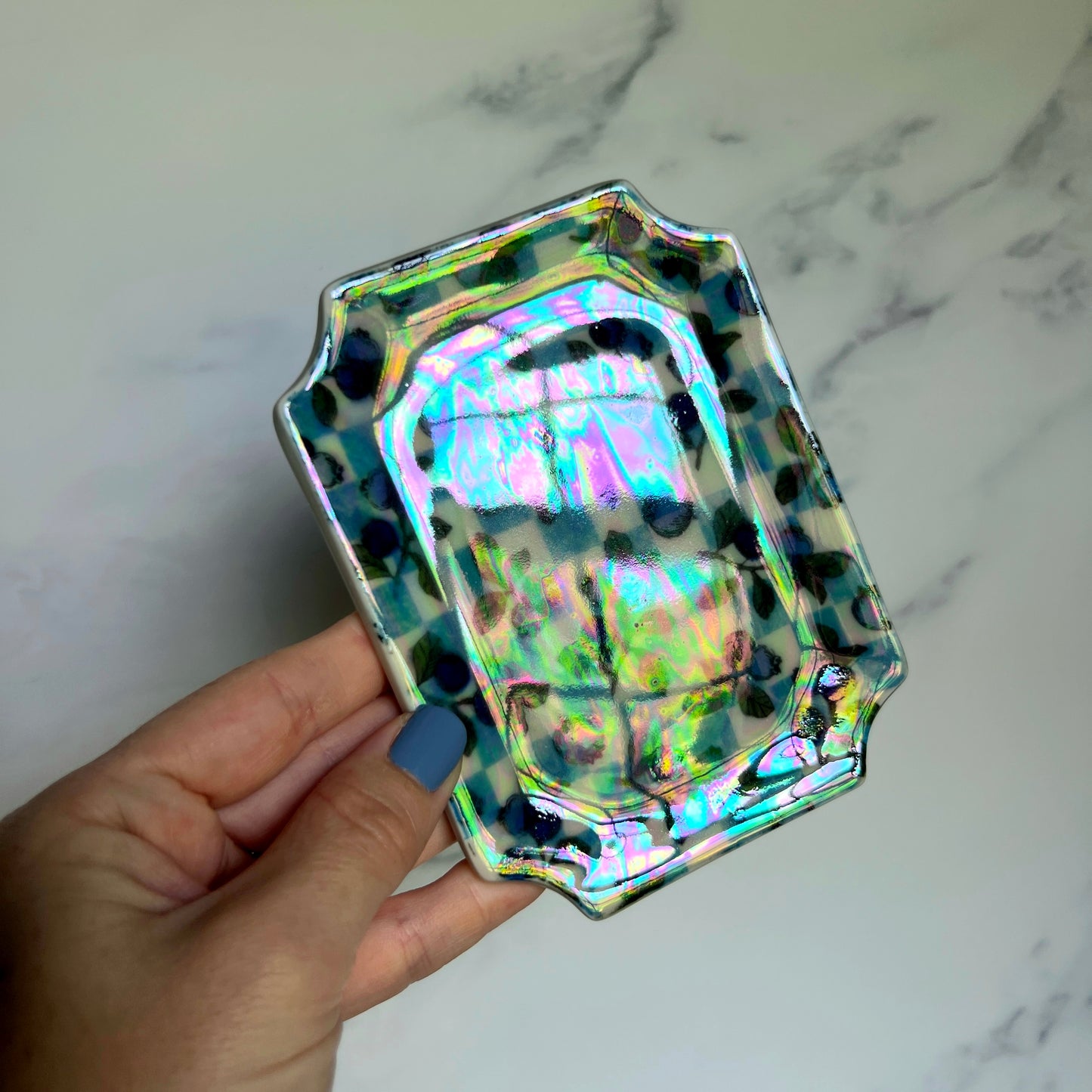 Blueberry Checkered Dish Iridescent Altar Ring Jewelry Tray