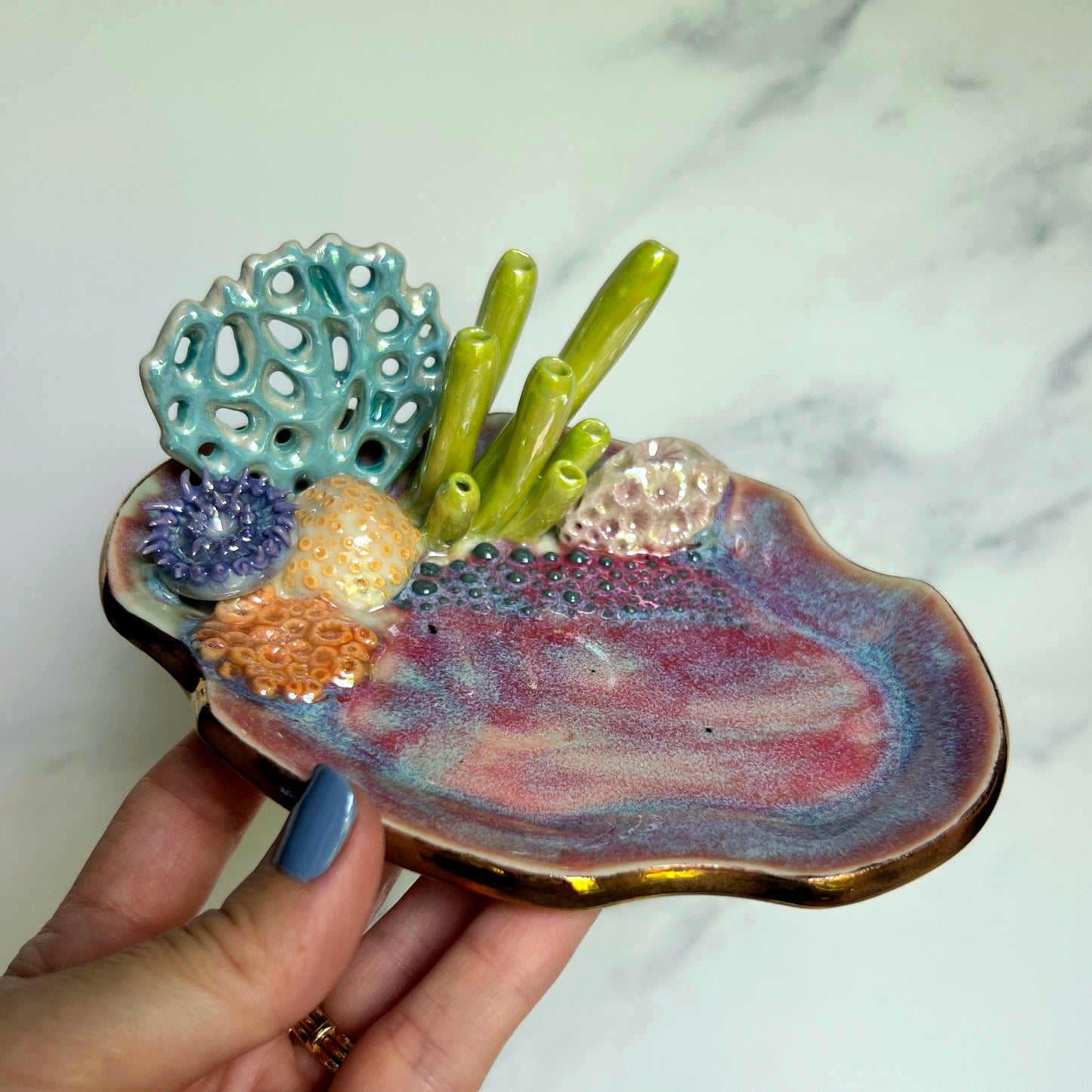 Oval Coral Reef Dish Iridescent Altar Ring Jewelry Dish