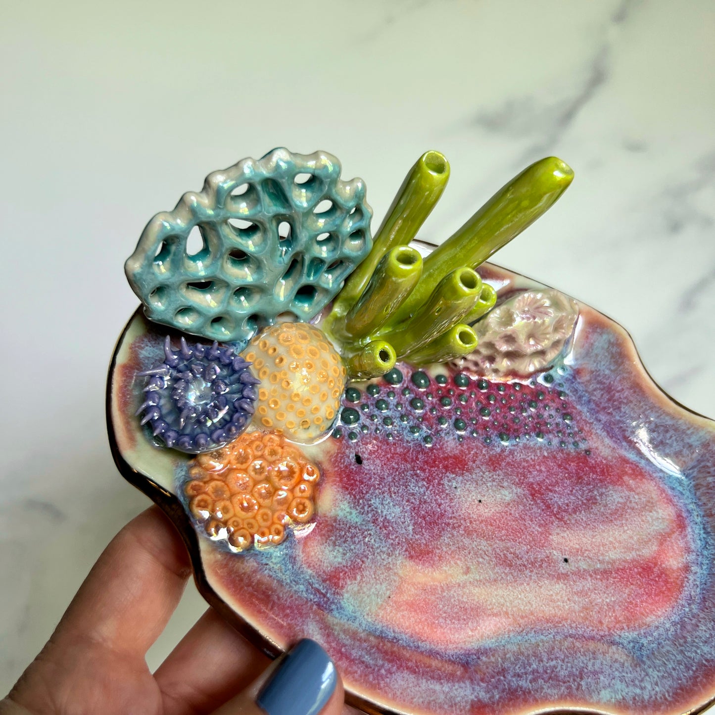 Oval Coral Reef Dish Iridescent Altar Ring Jewelry Dish