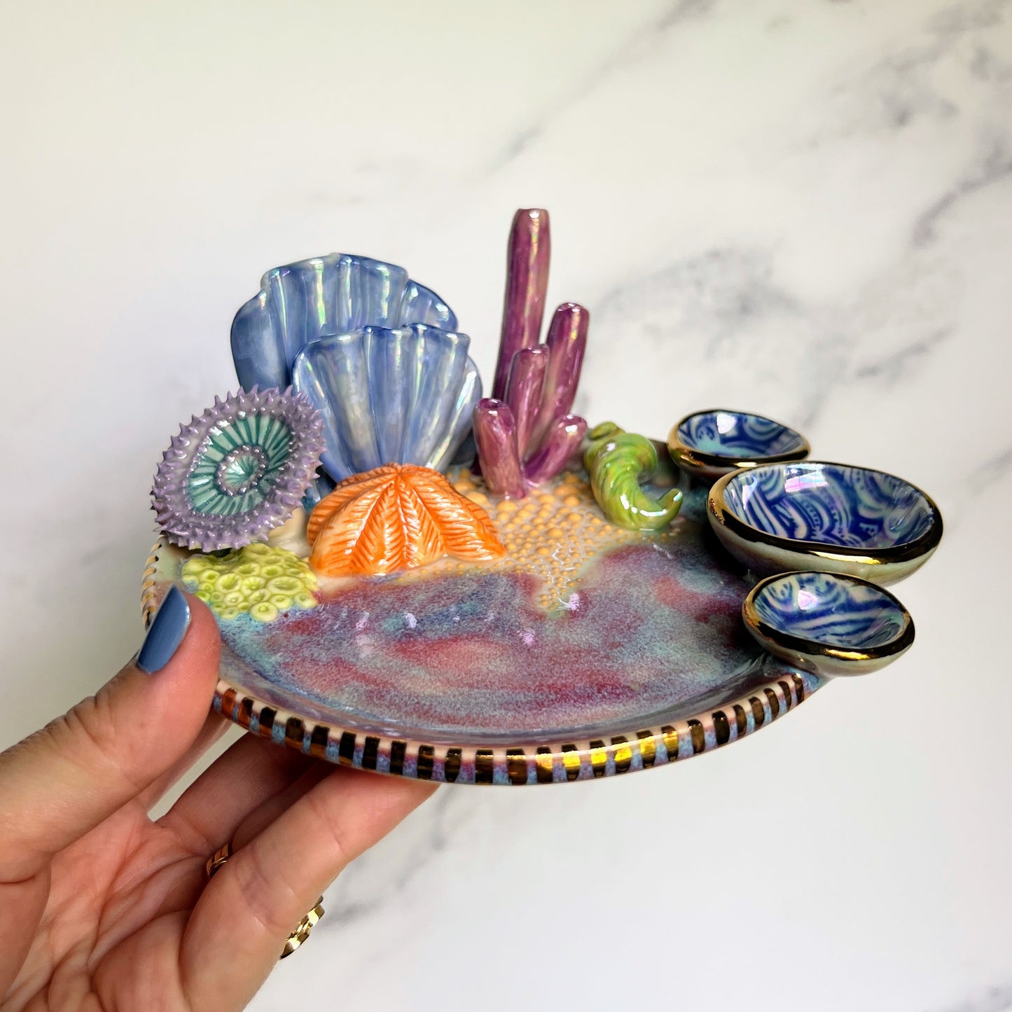 Coral Reef Dish with Mini Bowls Iridescent Altar Ring Jewelry Dish