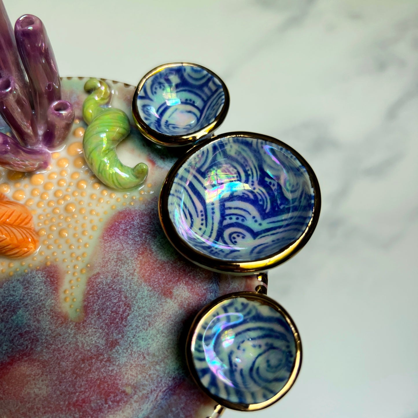 Coral Reef Dish with Mini Bowls Iridescent Altar Ring Jewelry Dish