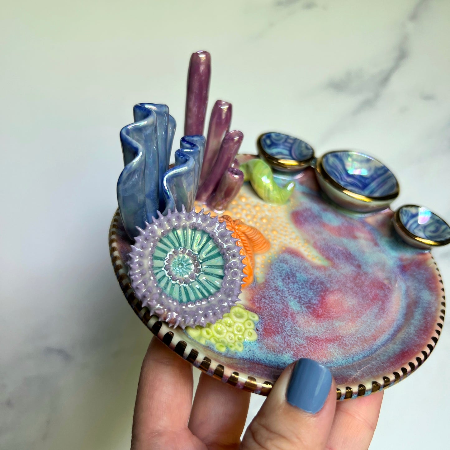Coral Reef Dish with Mini Bowls Iridescent Altar Ring Jewelry Dish