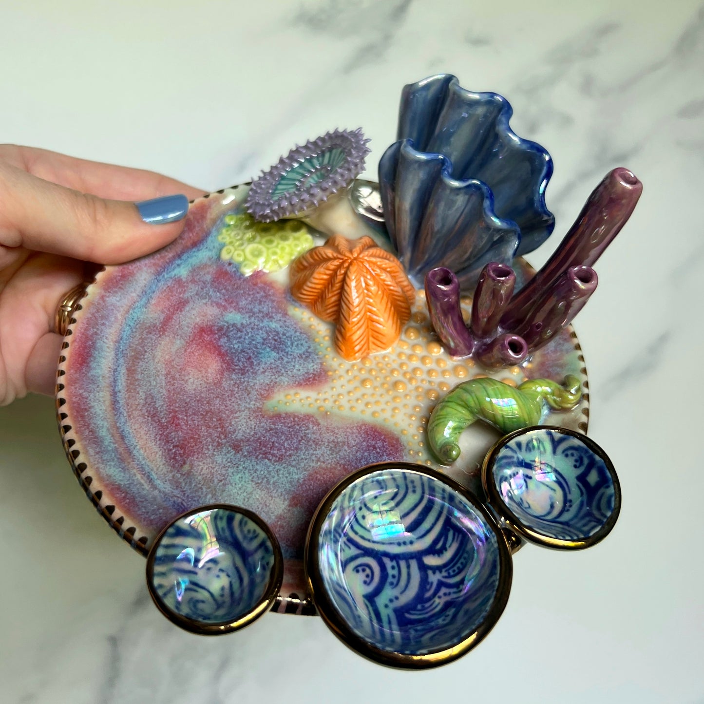 Coral Reef Dish with Mini Bowls Iridescent Altar Ring Jewelry Dish