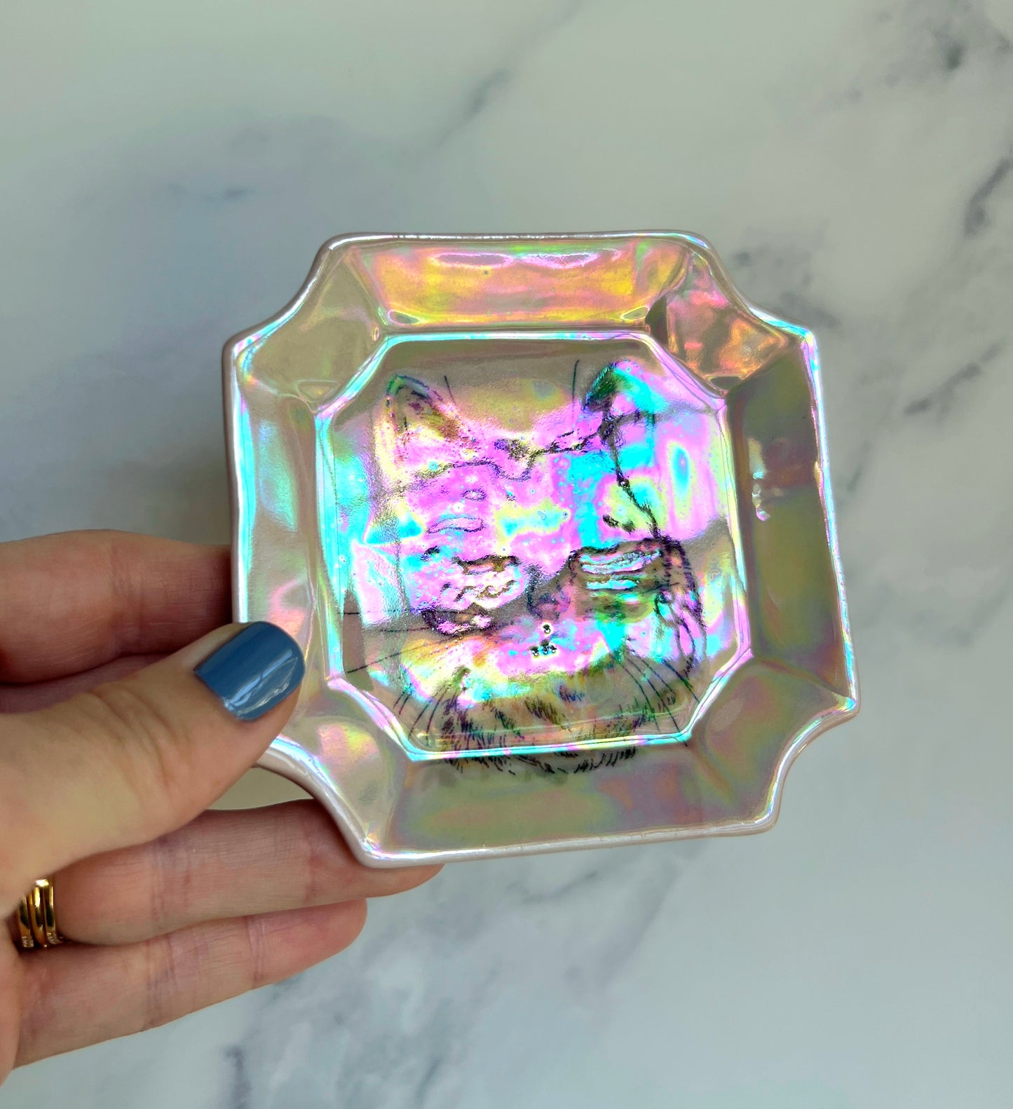 Cat Dish Iridescent Altar Ring Jewelry Tray Square