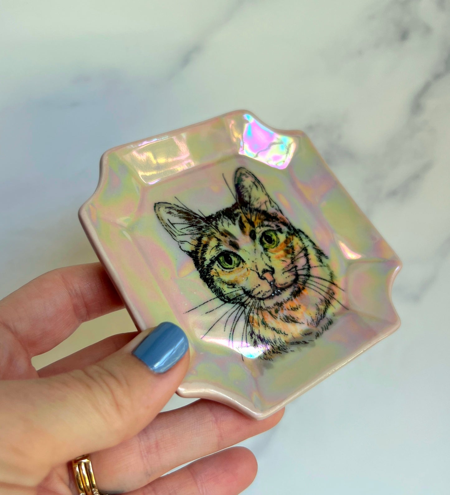 Cat Dish Iridescent Altar Ring Jewelry Tray Square