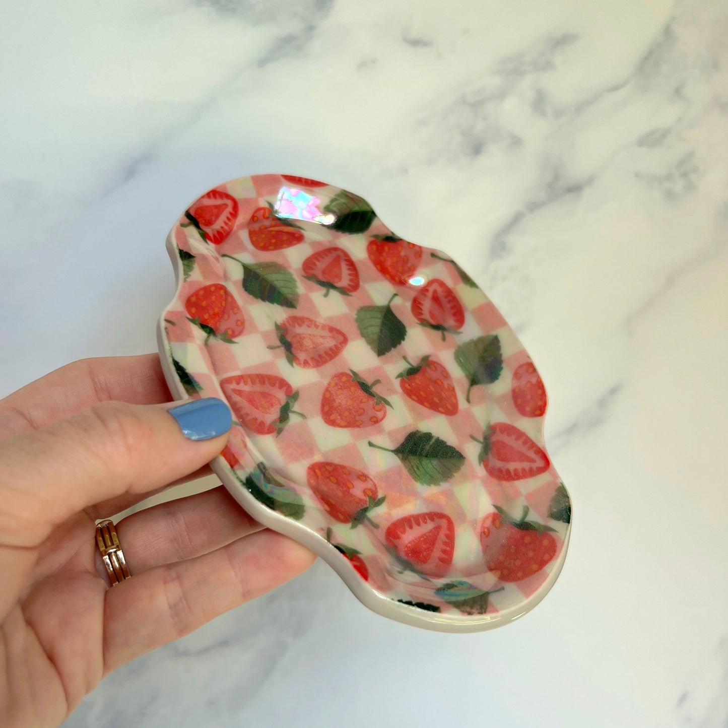 Strawberry Dish Iridescent Altar Ring Jewelry Tray Oval