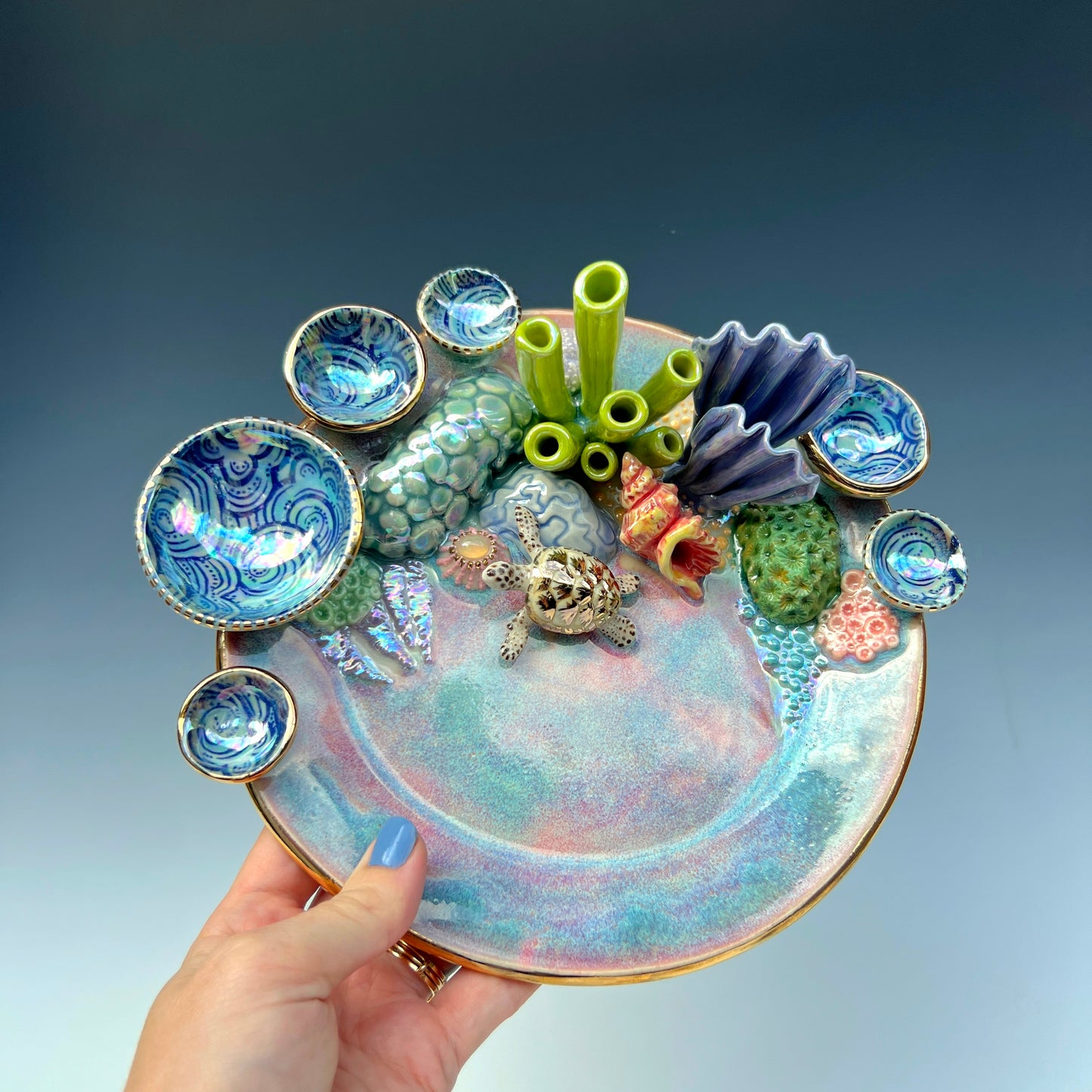 Gold Sea Turtle Coral Reef Dish with Mini Bowls Iridescent Altar Ring Jewelry Tray