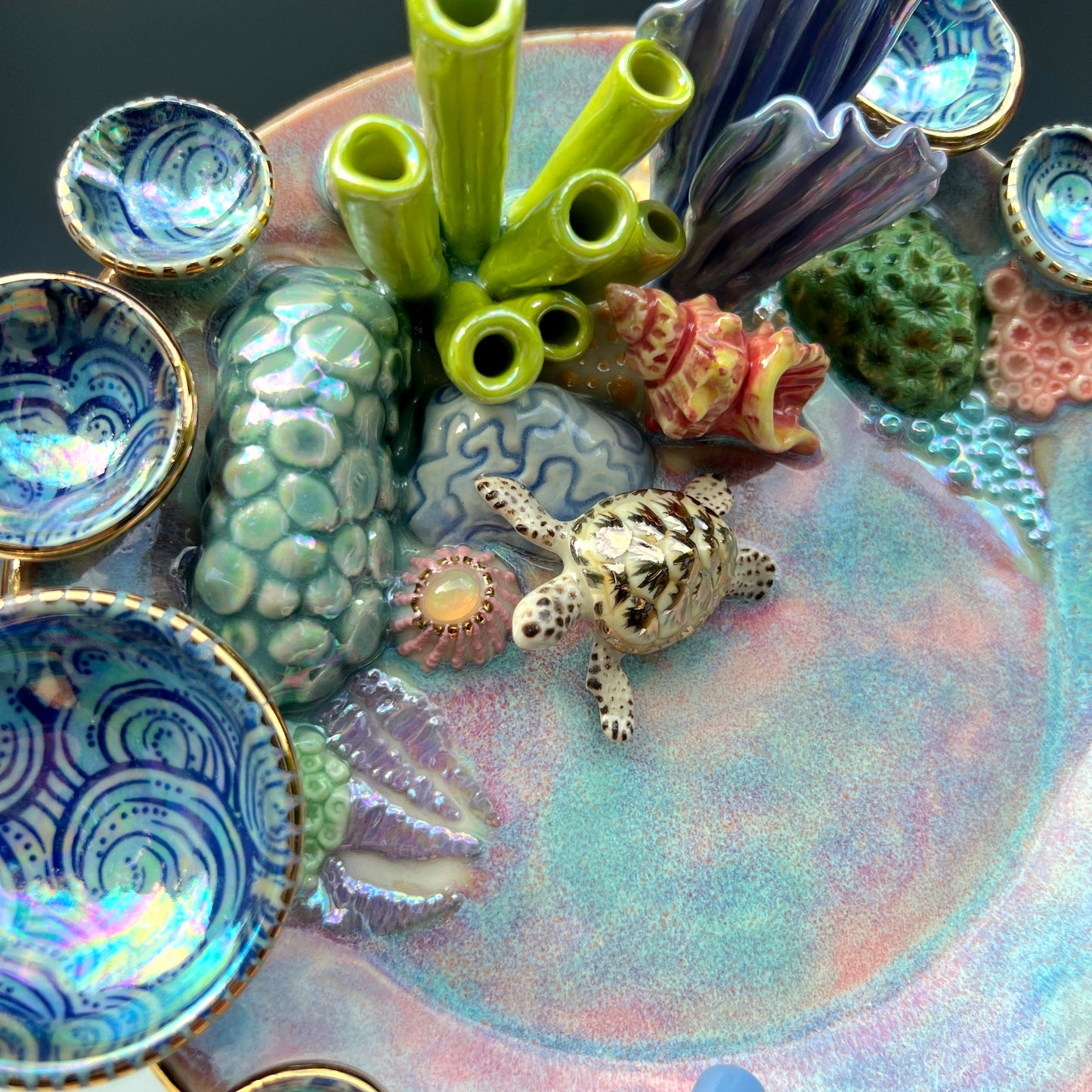Gold Sea Turtle Coral Reef Dish with Mini Bowls Iridescent Altar Ring Jewelry Tray