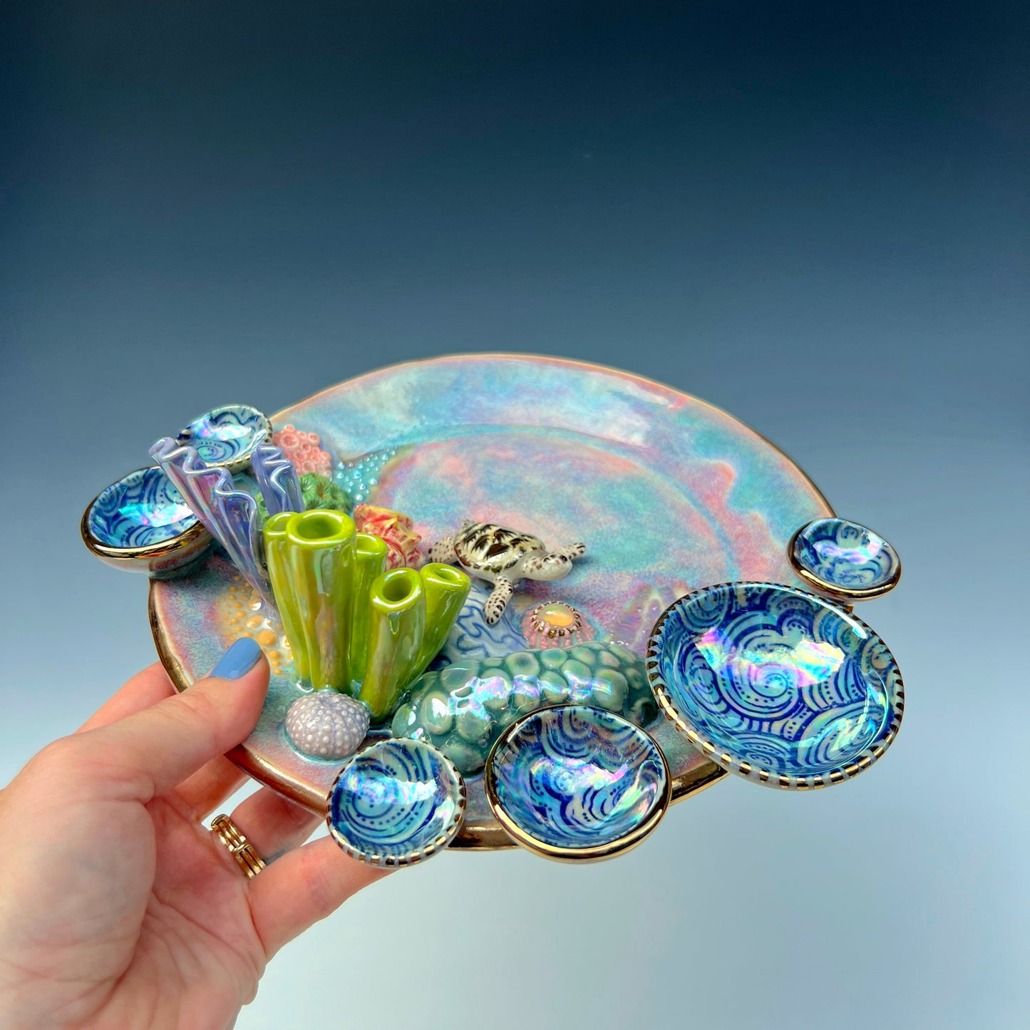 Gold Sea Turtle Coral Reef Dish with Mini Bowls Iridescent Altar Ring Jewelry Tray