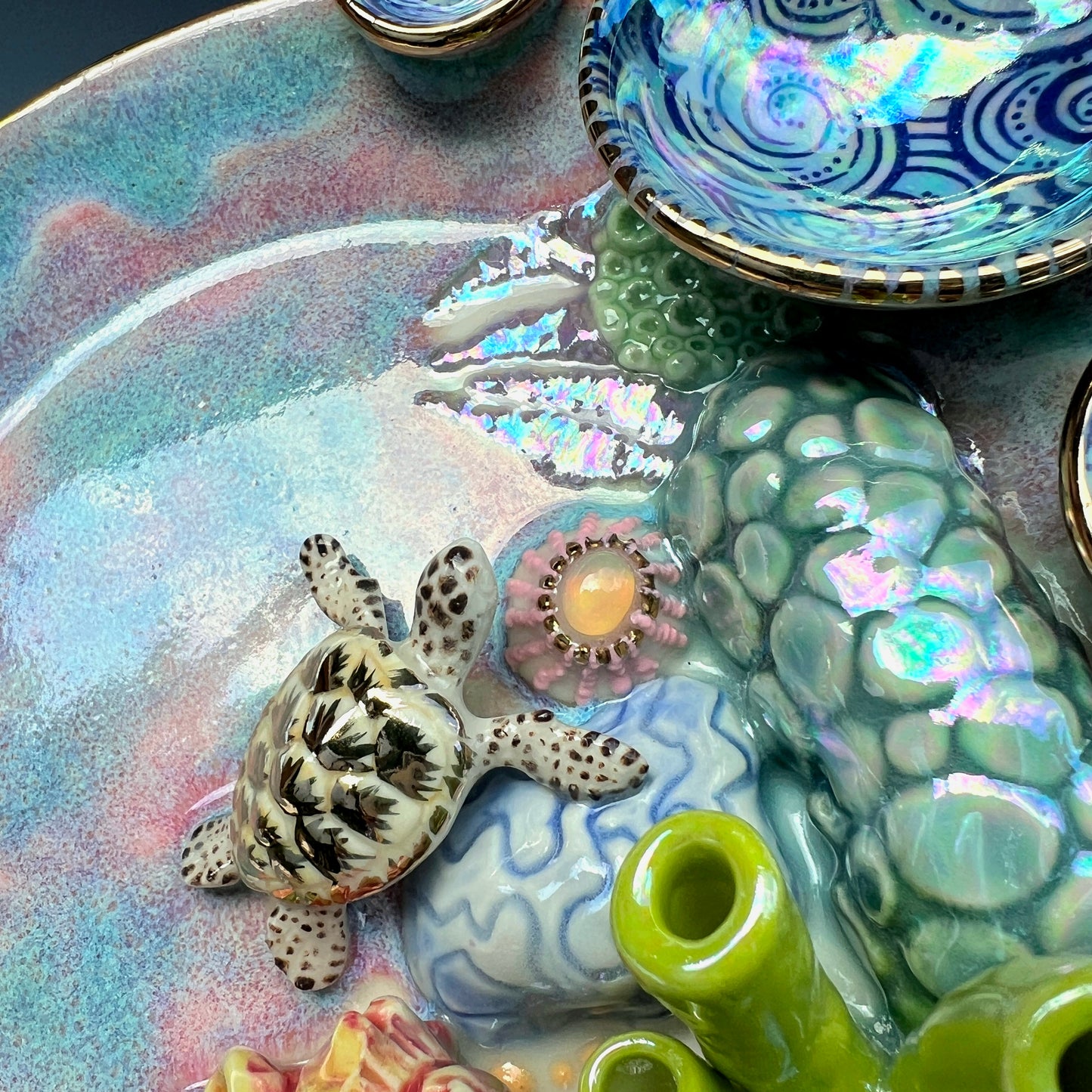 Gold Sea Turtle Coral Reef Dish with Mini Bowls Iridescent Altar Ring Jewelry Tray