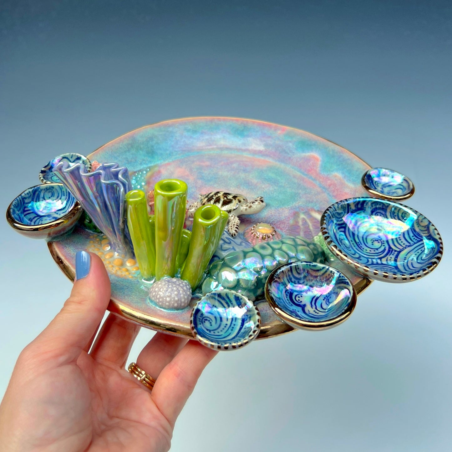 Gold Sea Turtle Coral Reef Dish with Mini Bowls Iridescent Altar Ring Jewelry Tray