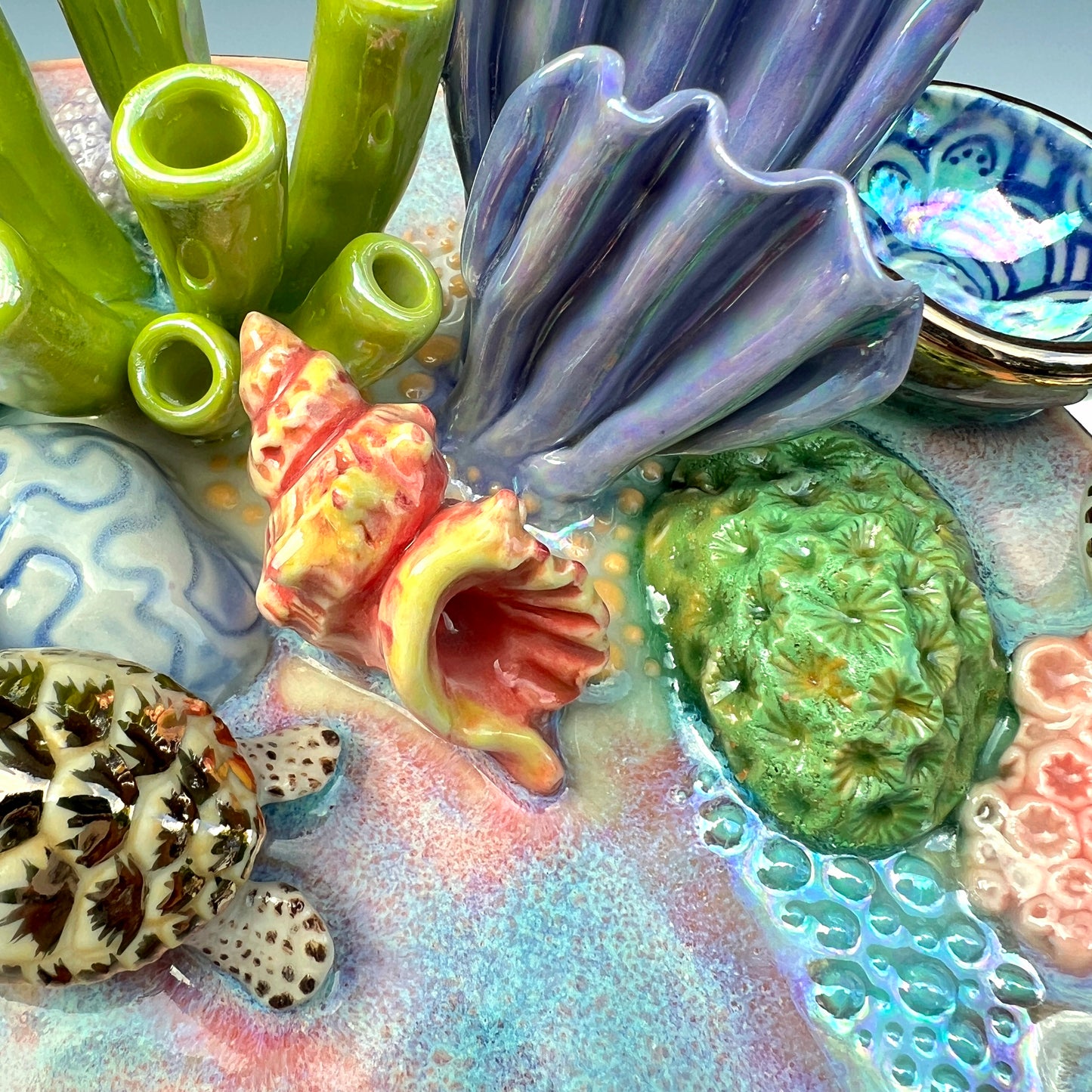 Gold Sea Turtle Coral Reef Dish with Mini Bowls Iridescent Altar Ring Jewelry Tray