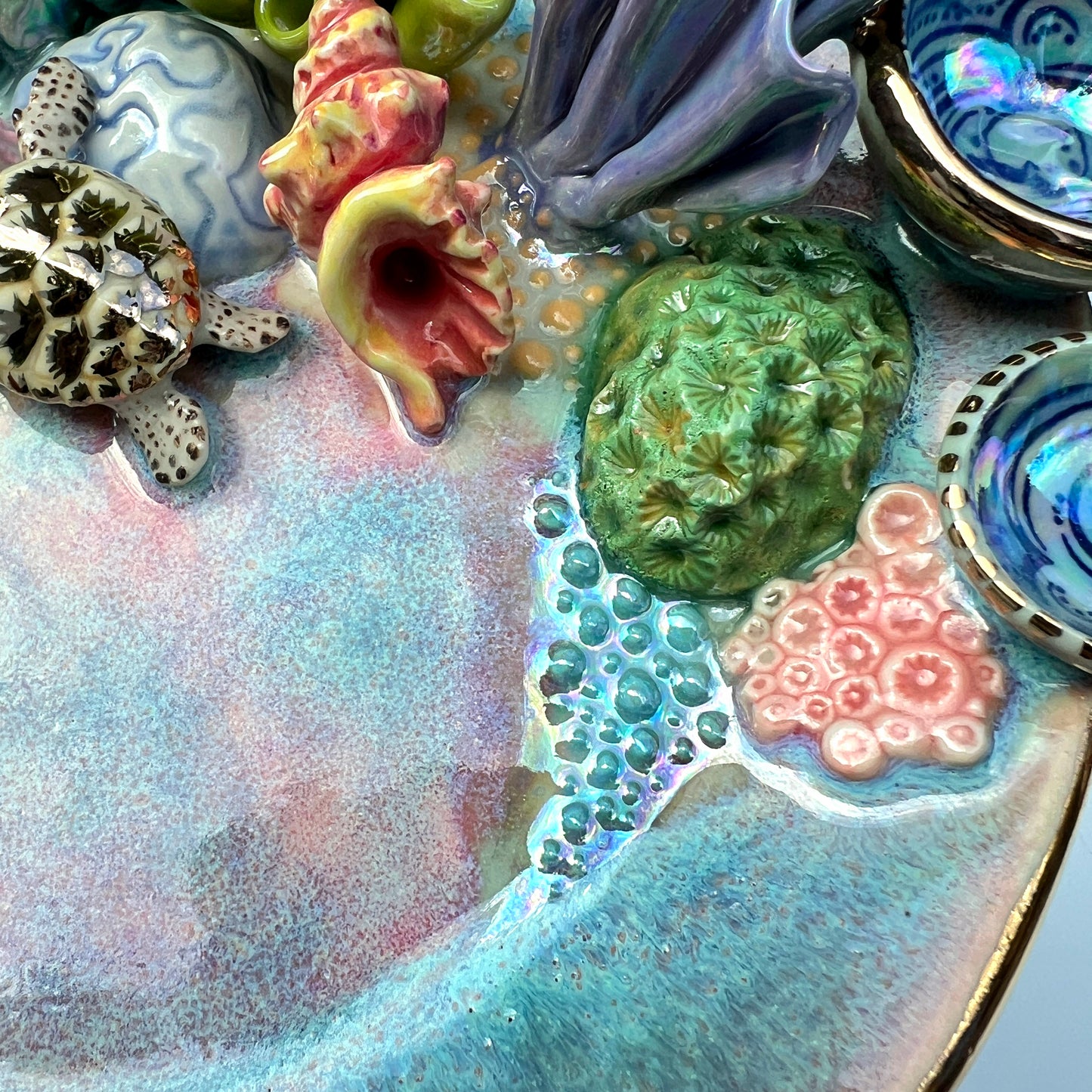 Gold Sea Turtle Coral Reef Dish with Mini Bowls Iridescent Altar Ring Jewelry Tray