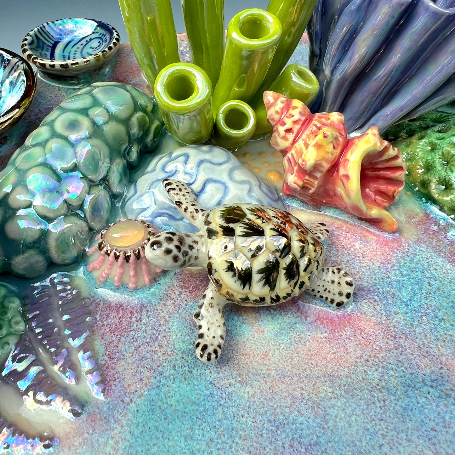 Gold Sea Turtle Coral Reef Dish with Mini Bowls Iridescent Altar Ring Jewelry Tray